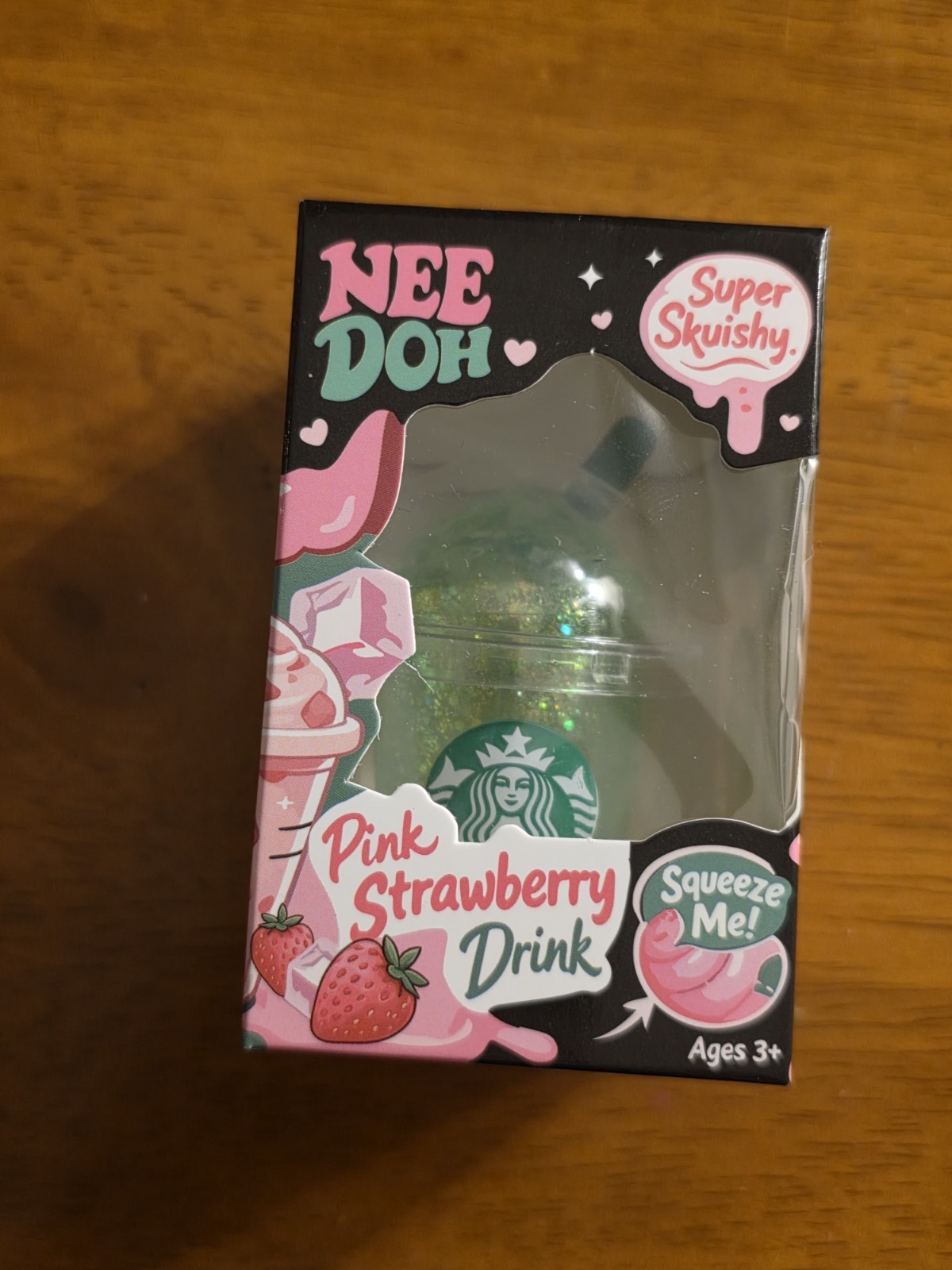 Small green Starbucks Strawberry Pink sugar filled squishy toy, new in box