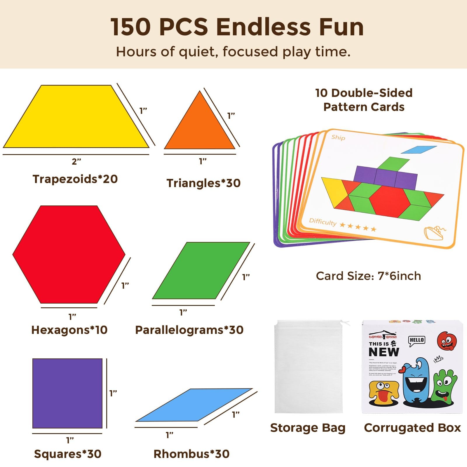 Wooden Pattern Blocks Set Kids Geometric Shapes Tangram Educational Toy