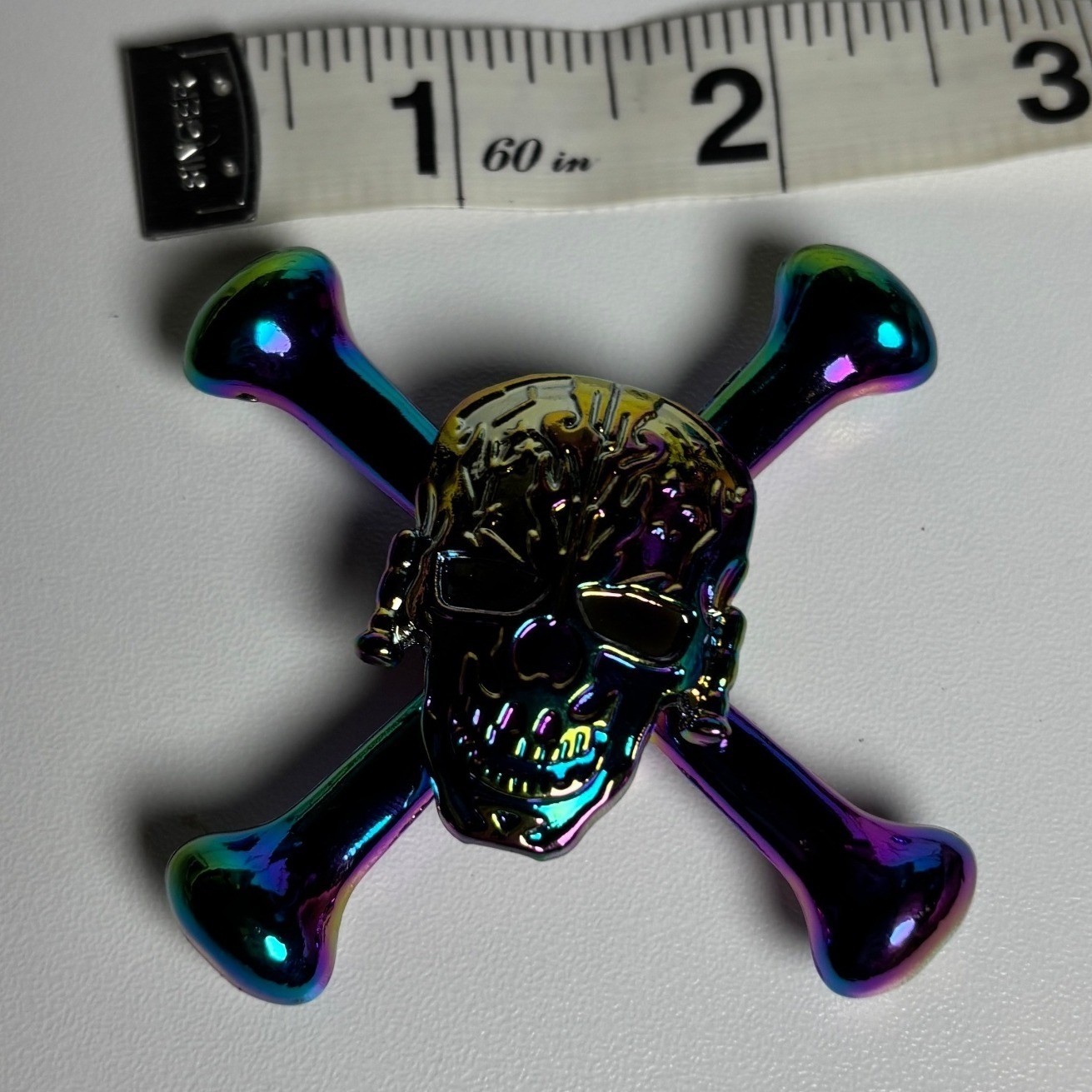 Iridescent Skull and Crossbones Metal Fidget Spinner Rainbow Oil Slick Finish