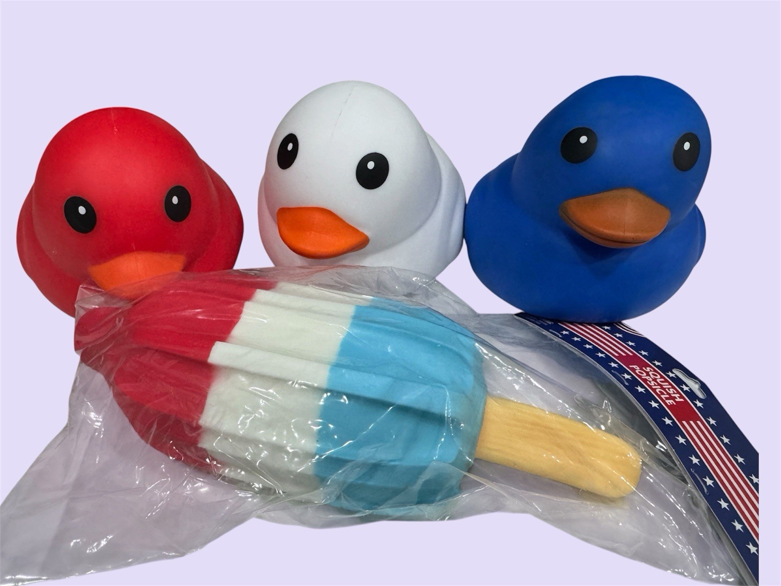 Sunny Days Jumbo Squeezy Ducks Red White Blue & Popsicle Toy Set of 4 New Rare