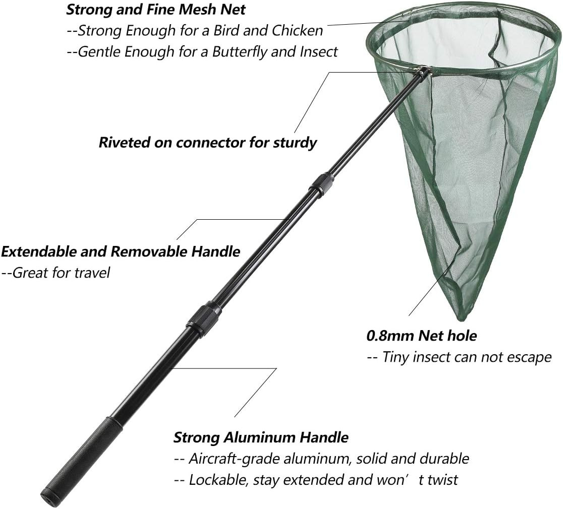 Professional Insect and Butterfly Net with 14″ Stainless Ring, 26″ Net Depth, St