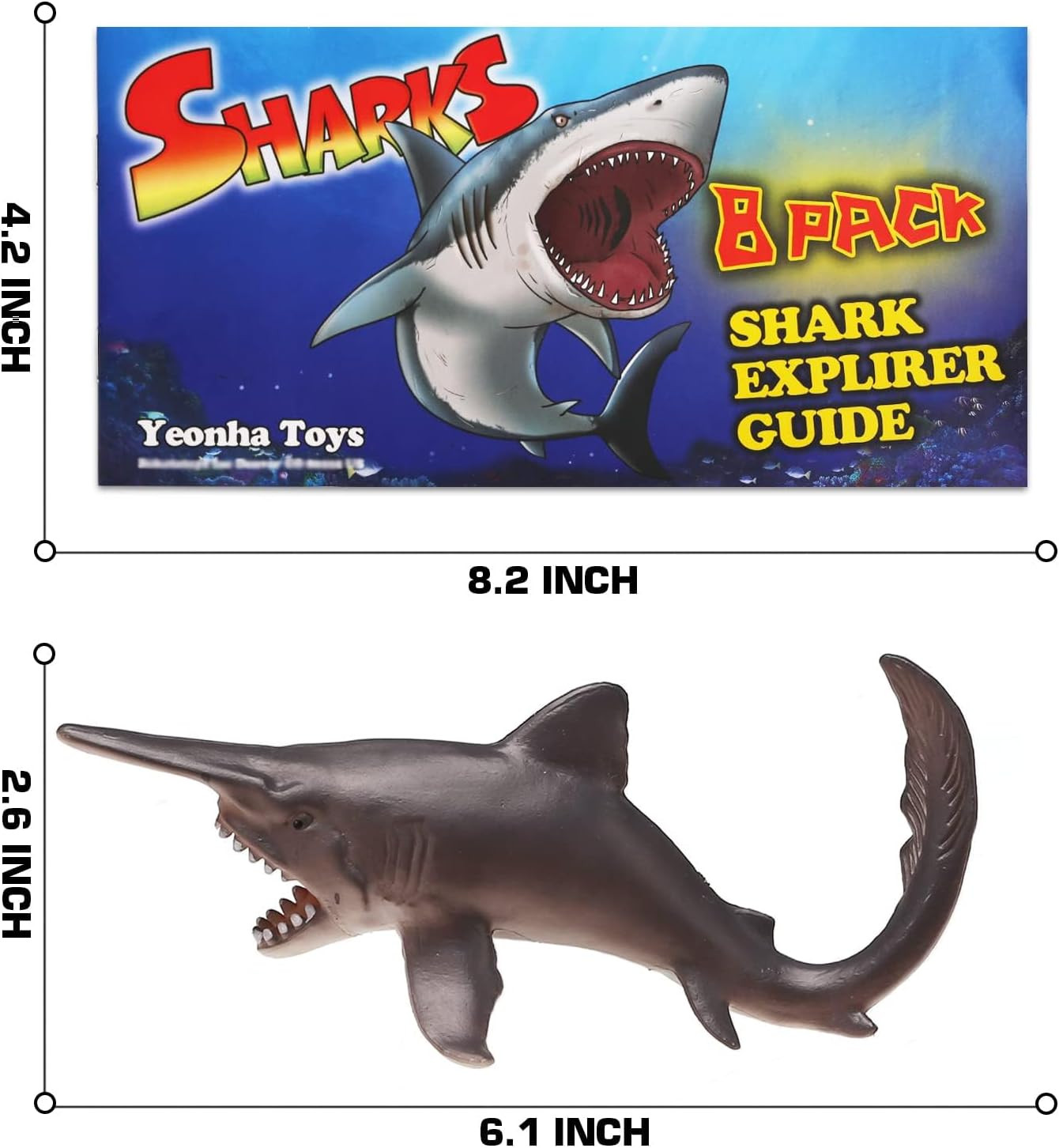 8 Pack Shark Toys with Educational Booklet, Soft Plastic Realistic Shark Figure