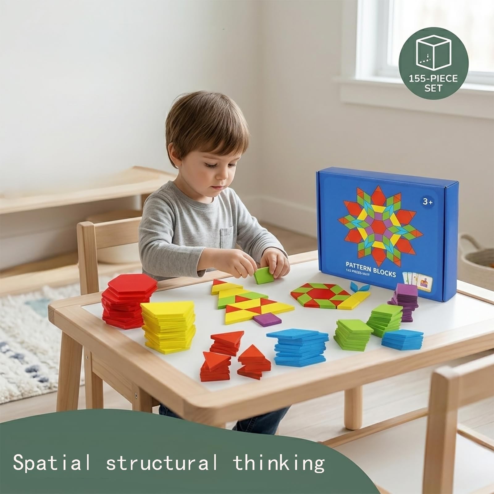 ZHUGEYG 155 Pcs Wooden Pattern Blocks Set – Geometric Shape Puzzle 1-2 inch
