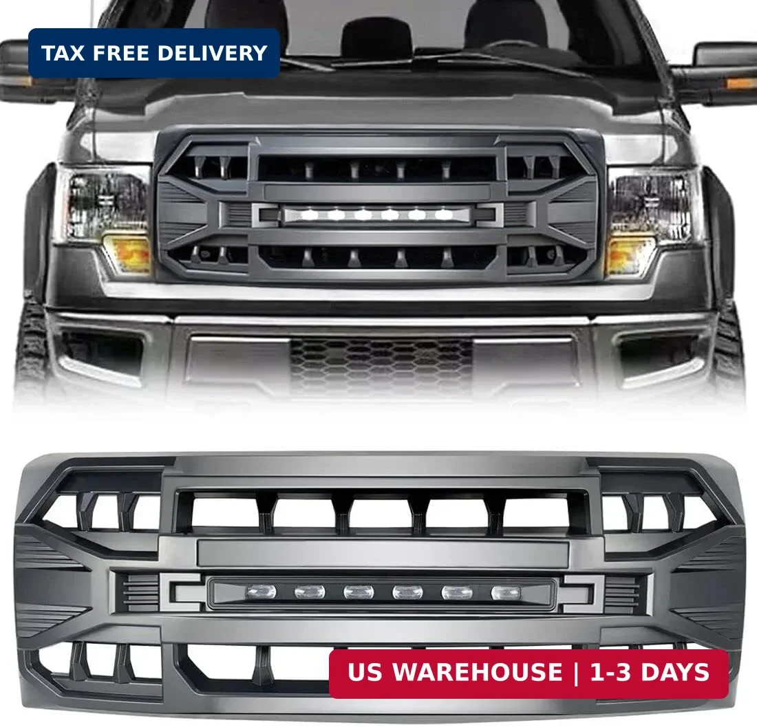 Front Grill Replacement for Ford F150 2009-2014 Matte Black Bumper Grille w/LED