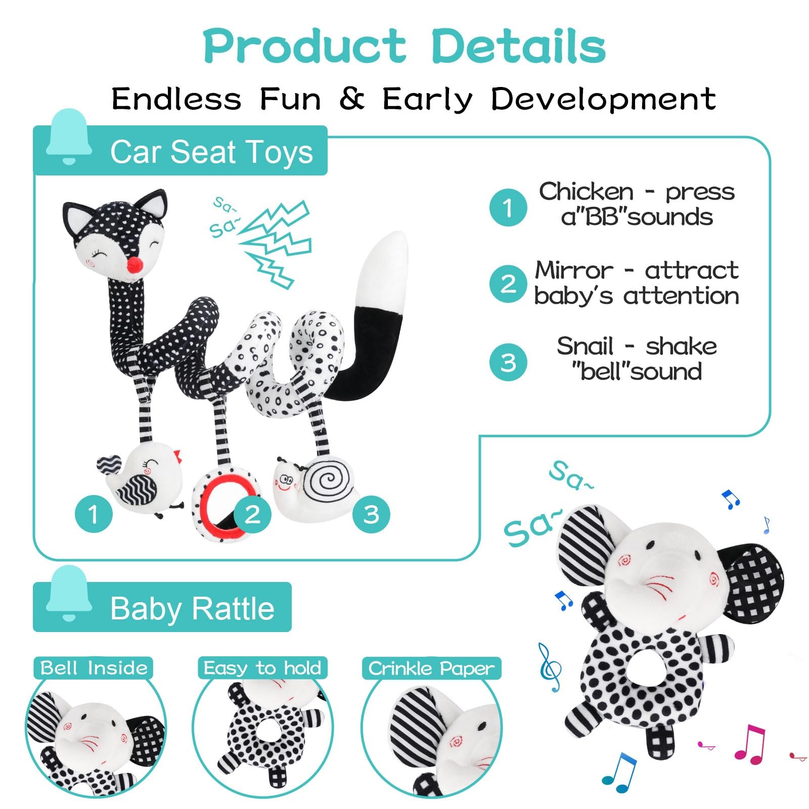 AJsupojouet High Contrast Black and White Baby Toys FOX,