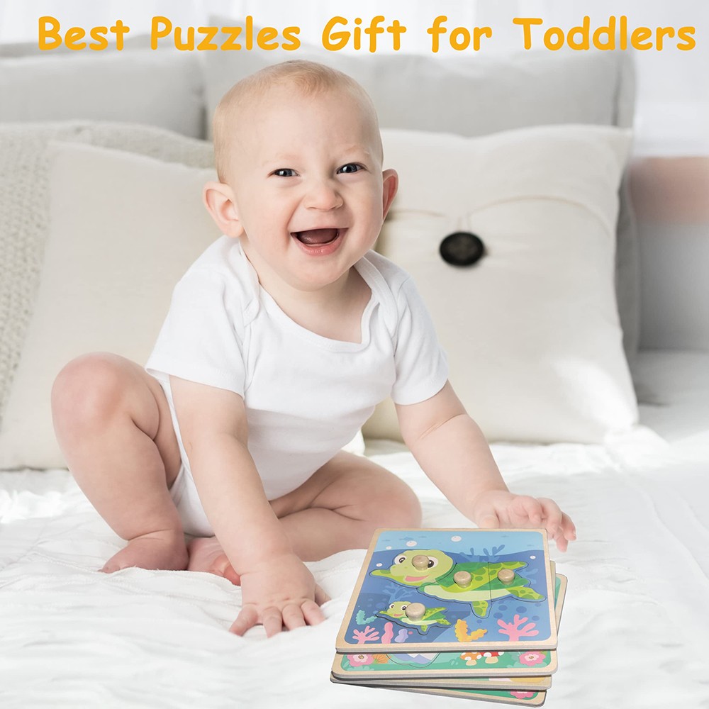 4 x Wooden Puzzles for Toddlers, Wooden Animal Shape Learning Educational Puzzle