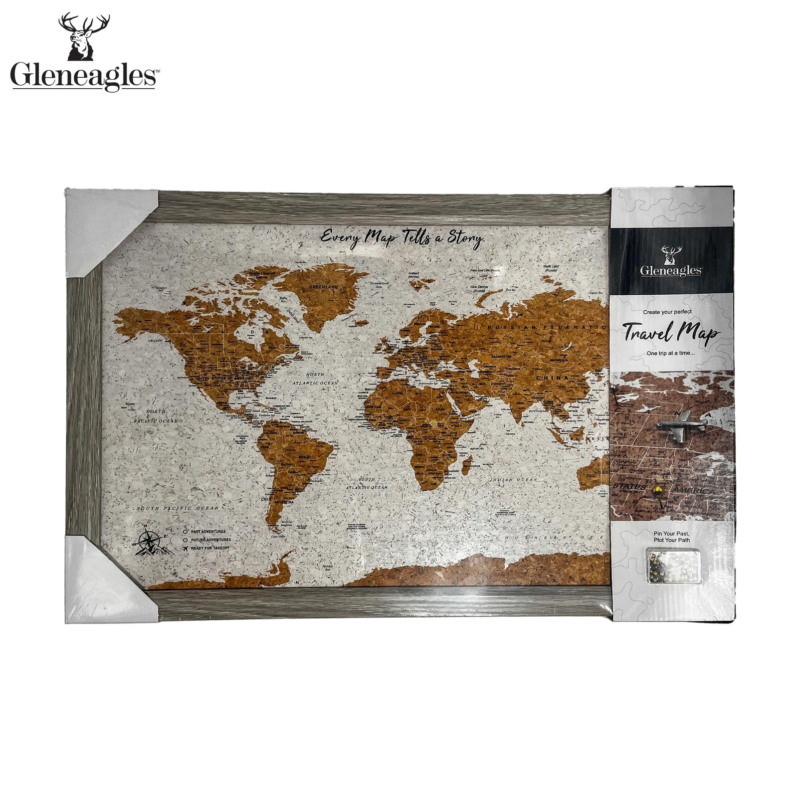 Gleneagles World Travel Map with Pins – Gray Frame Cork Board 70 Push Pins In…