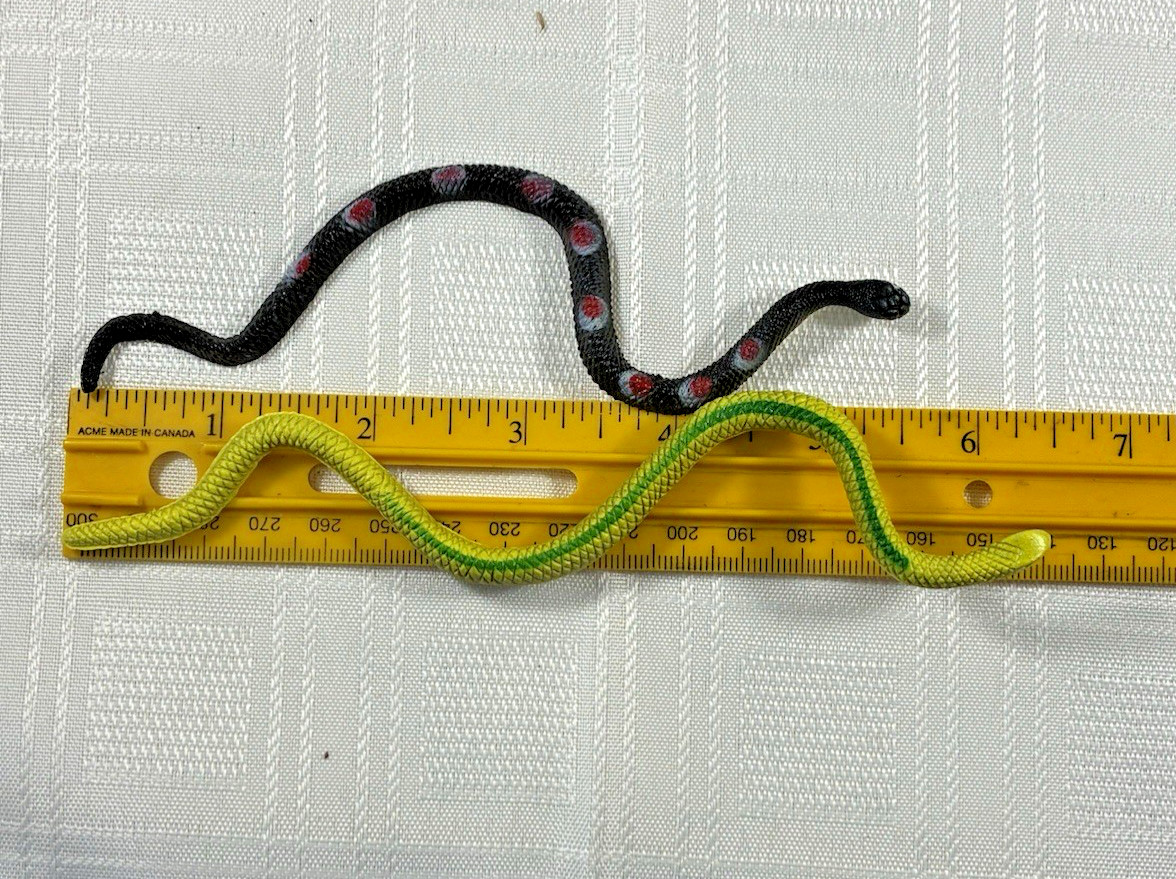 Plastic Toy Snakes Lot of 2 Black w/ Red Spots & Green/Yellow Approx 6 in