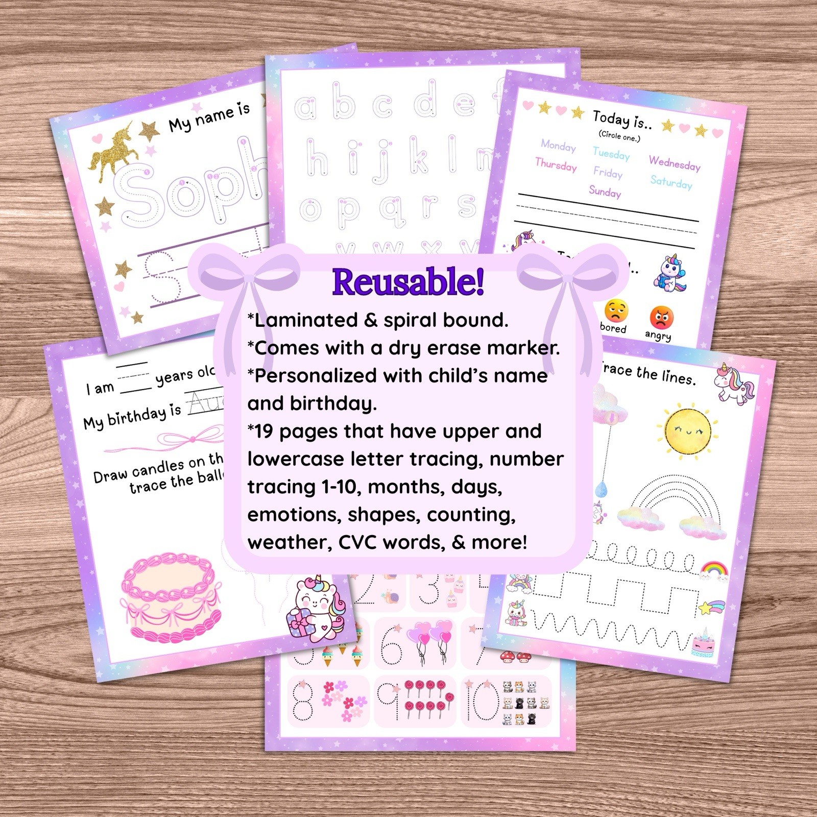 Reusable Preschool Dry-Erase Workbook | Ages 3-5 | Unicorn & Dinosaur Theme