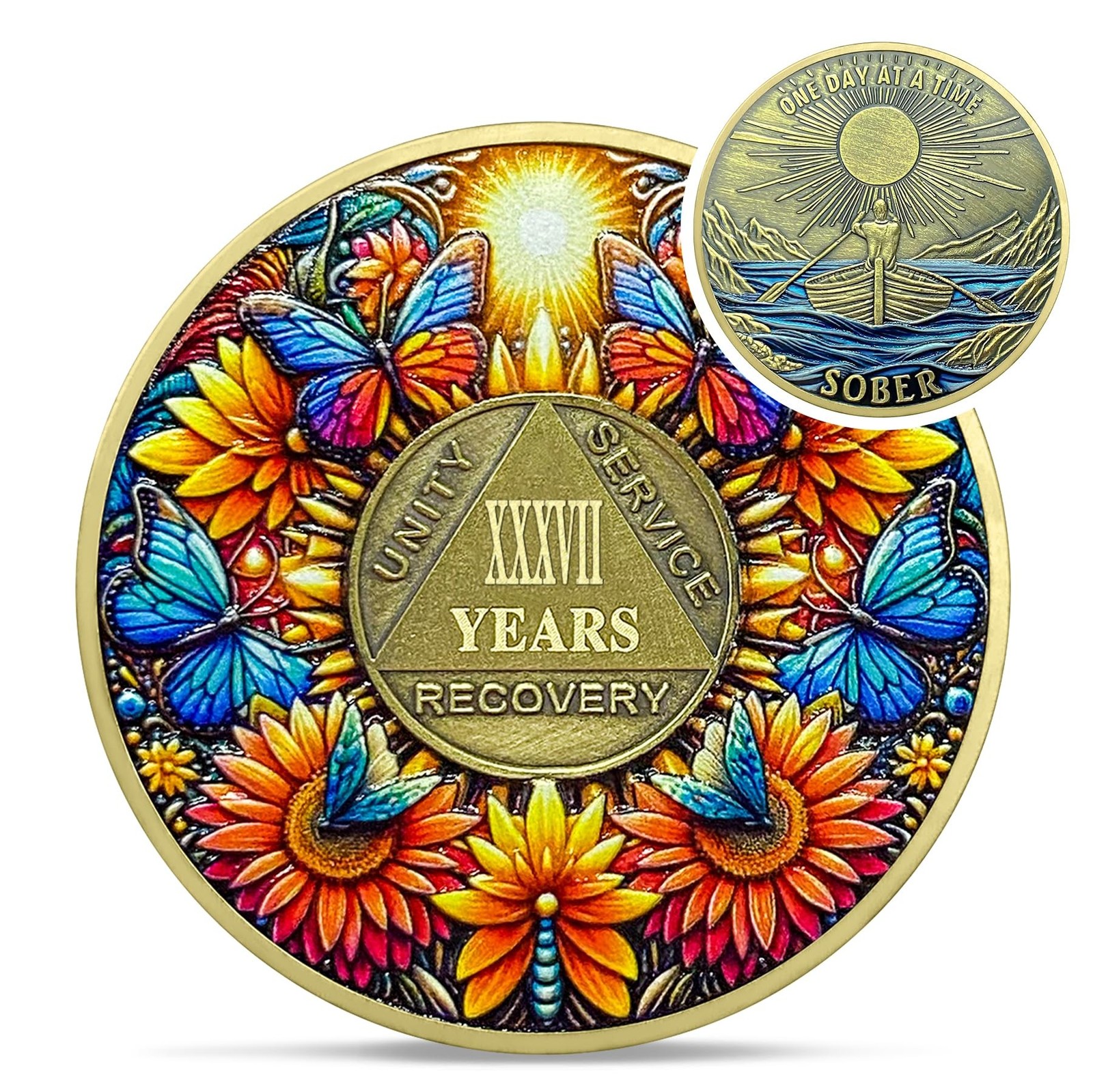 Delicate Sunflower 37 Year Sobriety Coin – 37 Year Recovery Butterfly AA Coin…