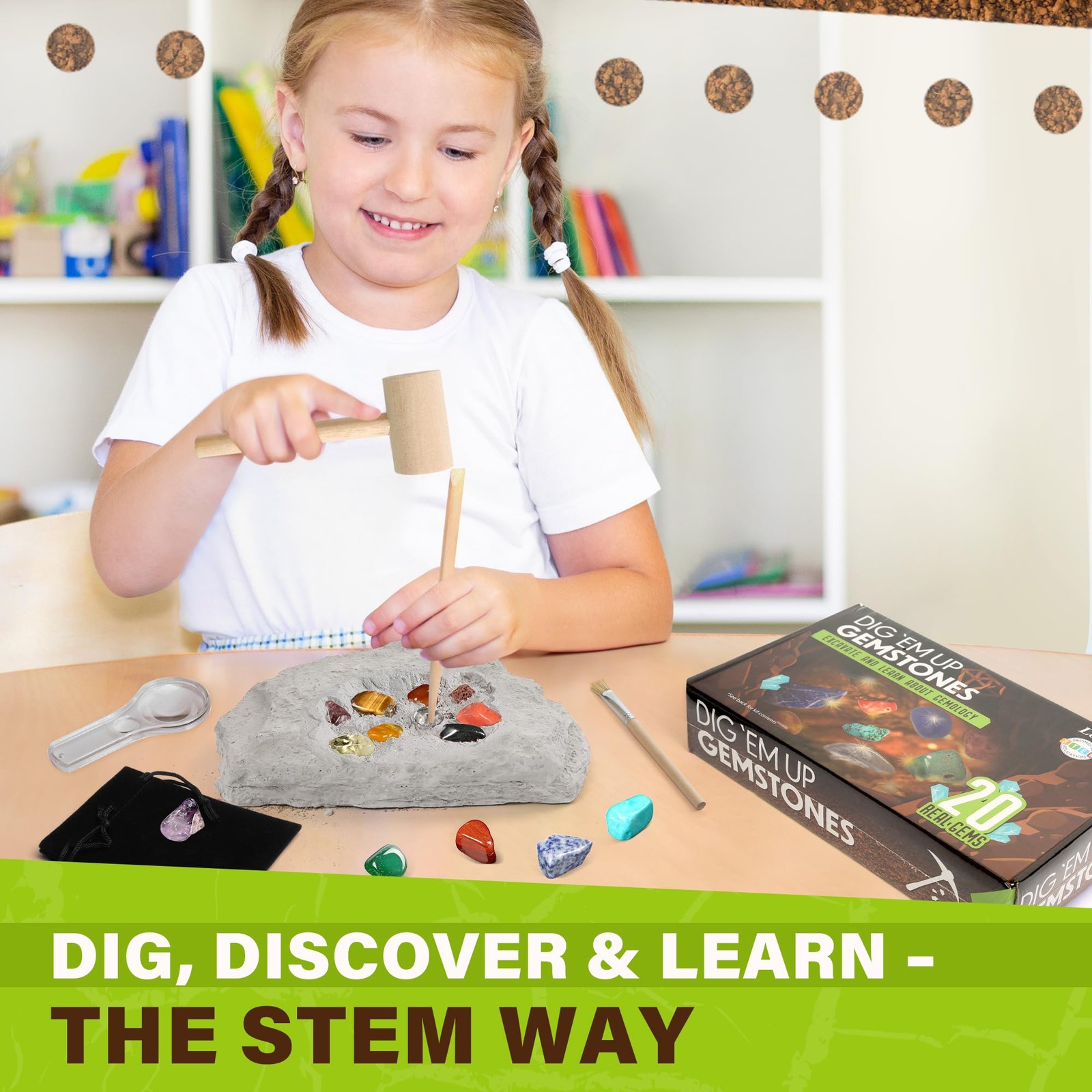 Gemstone Dig Kit, Excavate 20 Real Gems, Science Kit for Kids Age 8-12,