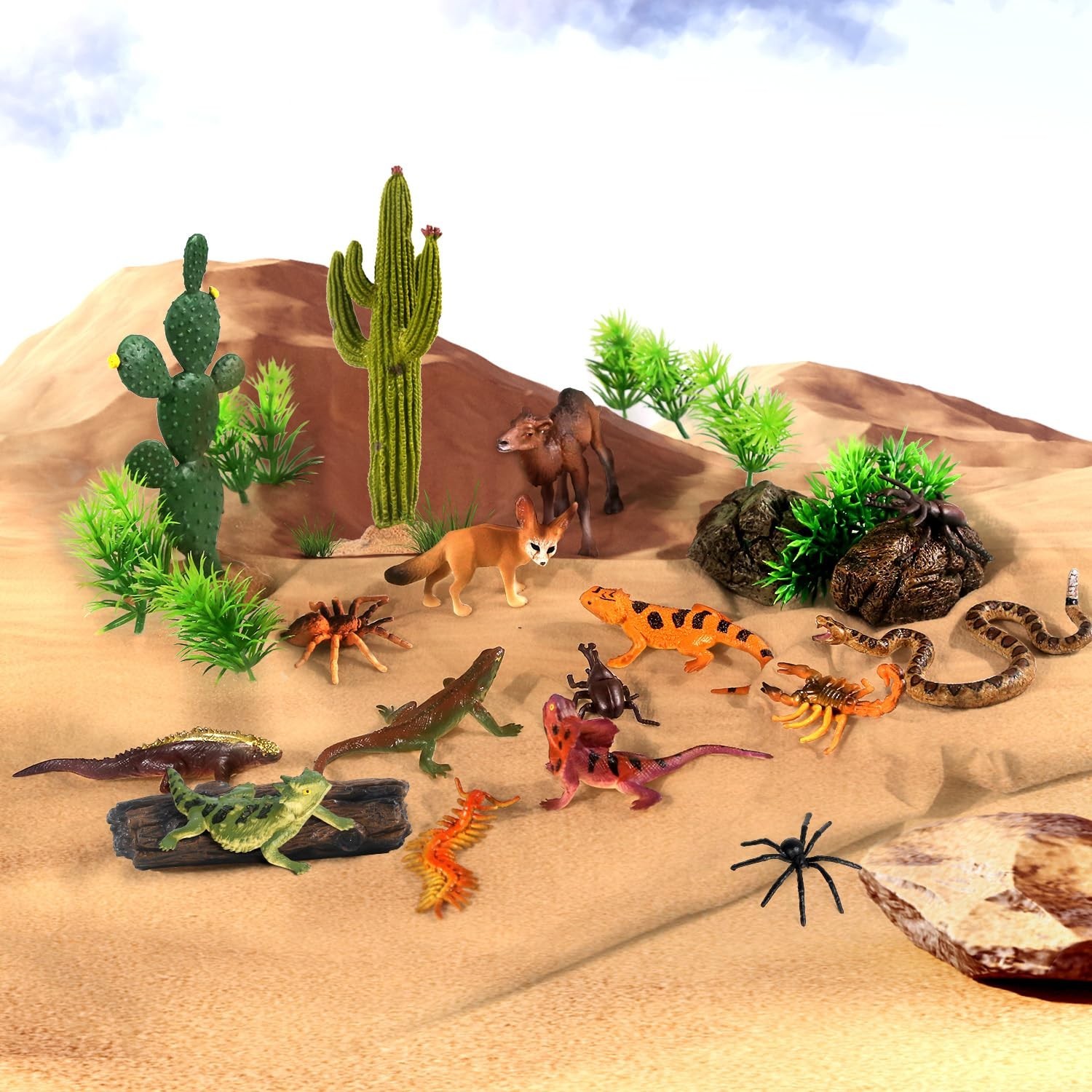 32Pcs Desert Animal Figures Set – Cactus, Trees, Camel, Fox, Snake & Reptile Toy