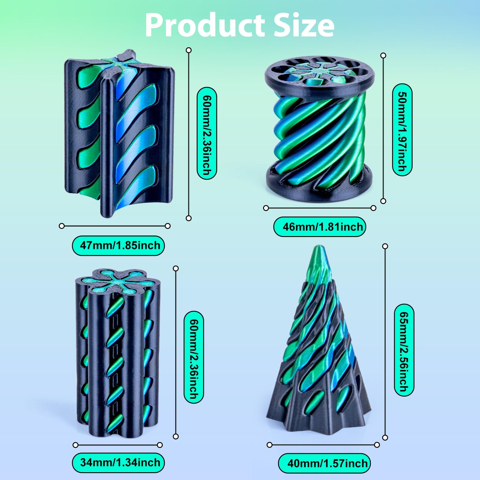 3Dgenius 4 Pack Impossible Cone Fidget Toy, 3D Printed Black+dark Blue Green