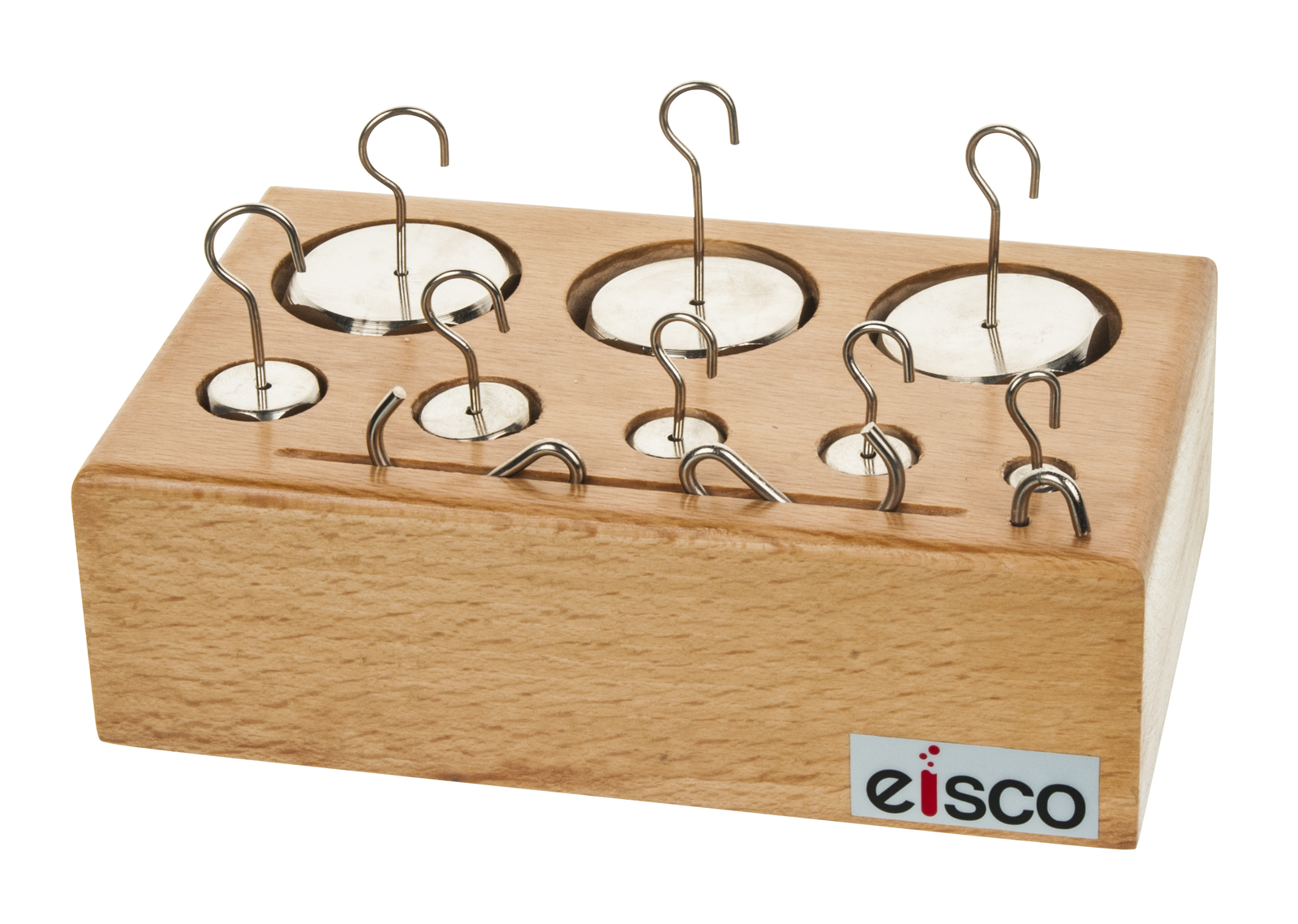 Brass Weight Set – 8 Weights, 3 Spare Hooks, Wooden Storage Block – Eisco Labs