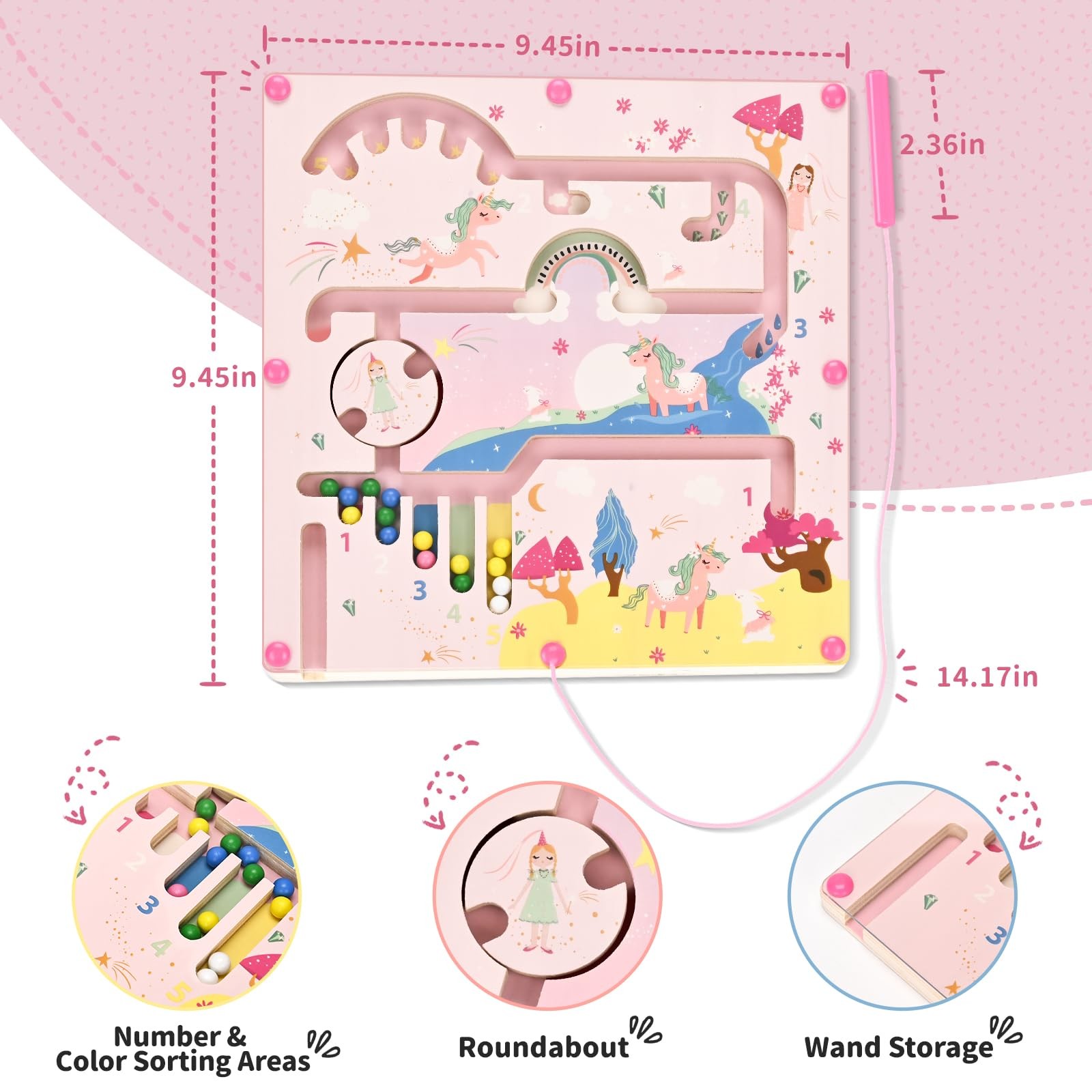 Yierchoo Unicorn Magnetic Maze Toy, Color & Number Sorting 24*24cm, Pink