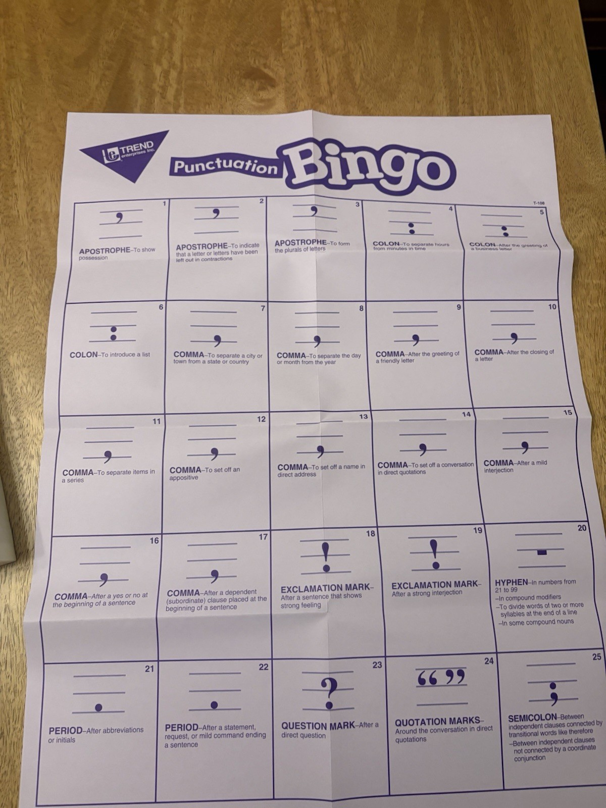 Trend Enterprises Punctuation Bingo Game; Ages 7 & Up; 3 To 36 Players Teacher