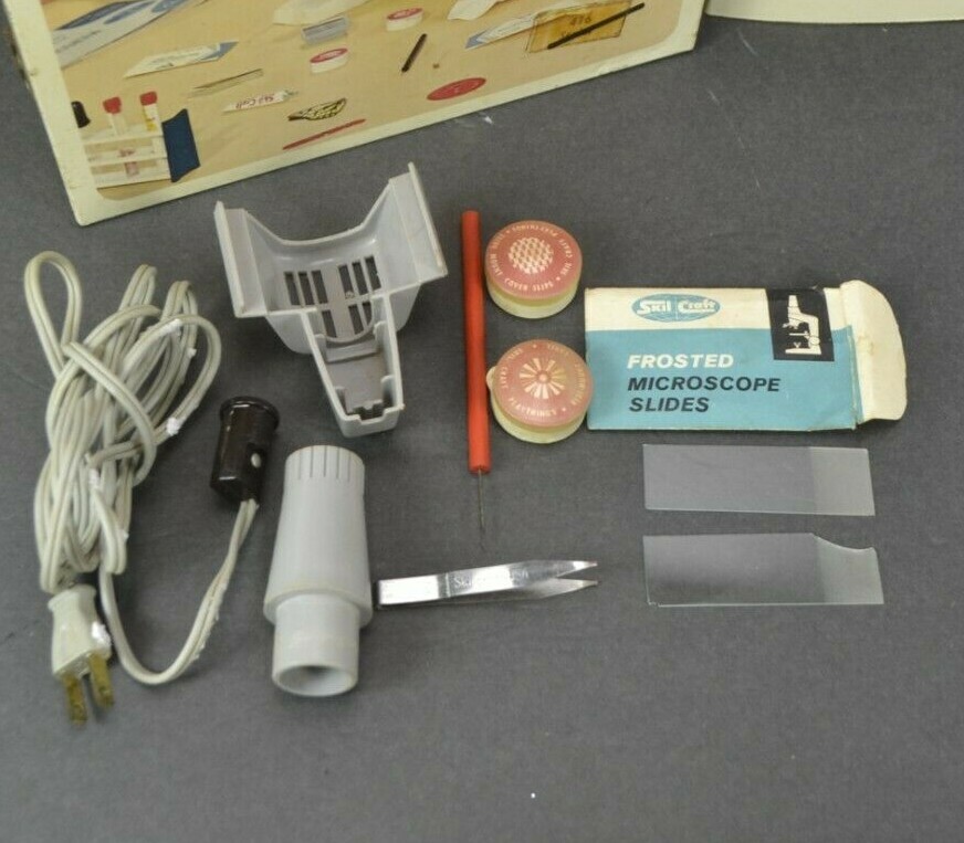 Vintage 1960s Skilcraft Microscope Lab Set Prop Metal Case PARTIAL Accessories