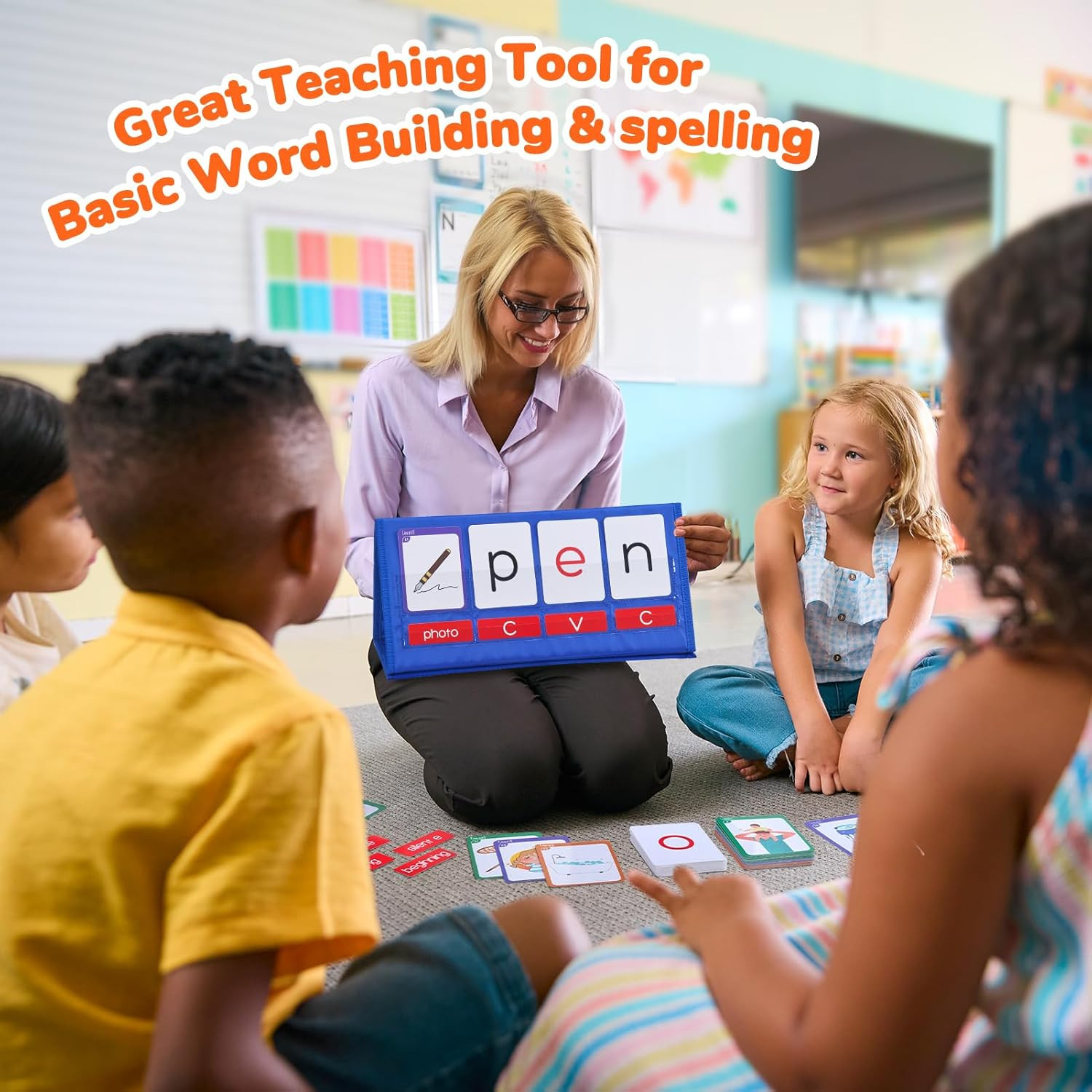 Word Building Desktop Pocket Chart Tent Flash Cards Kit – CVC Words Phonics Game