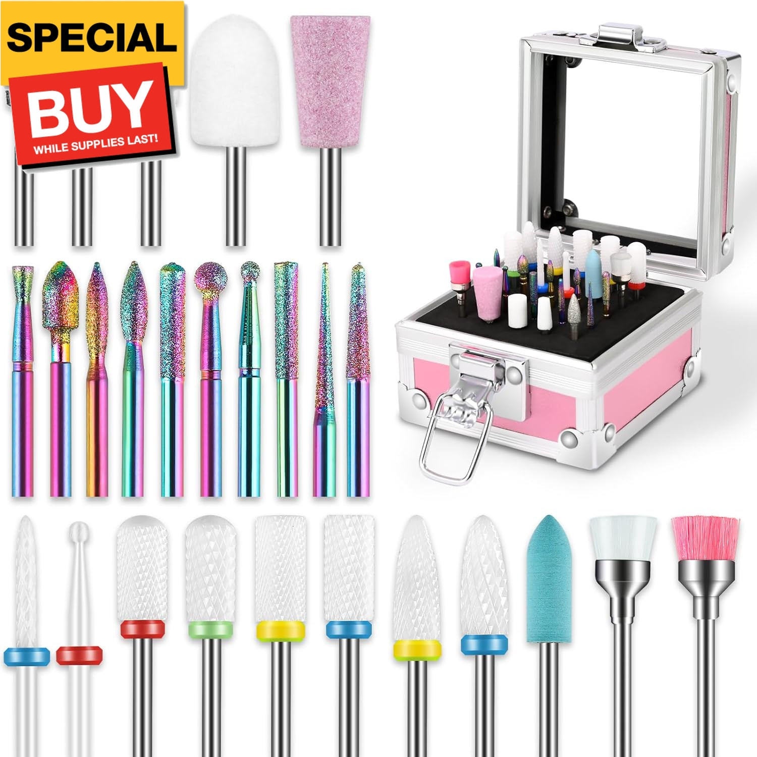 26PCS Nail Drill Bits Set with Holder Case, 3/32 inch Ceramic Safety Bits for Na