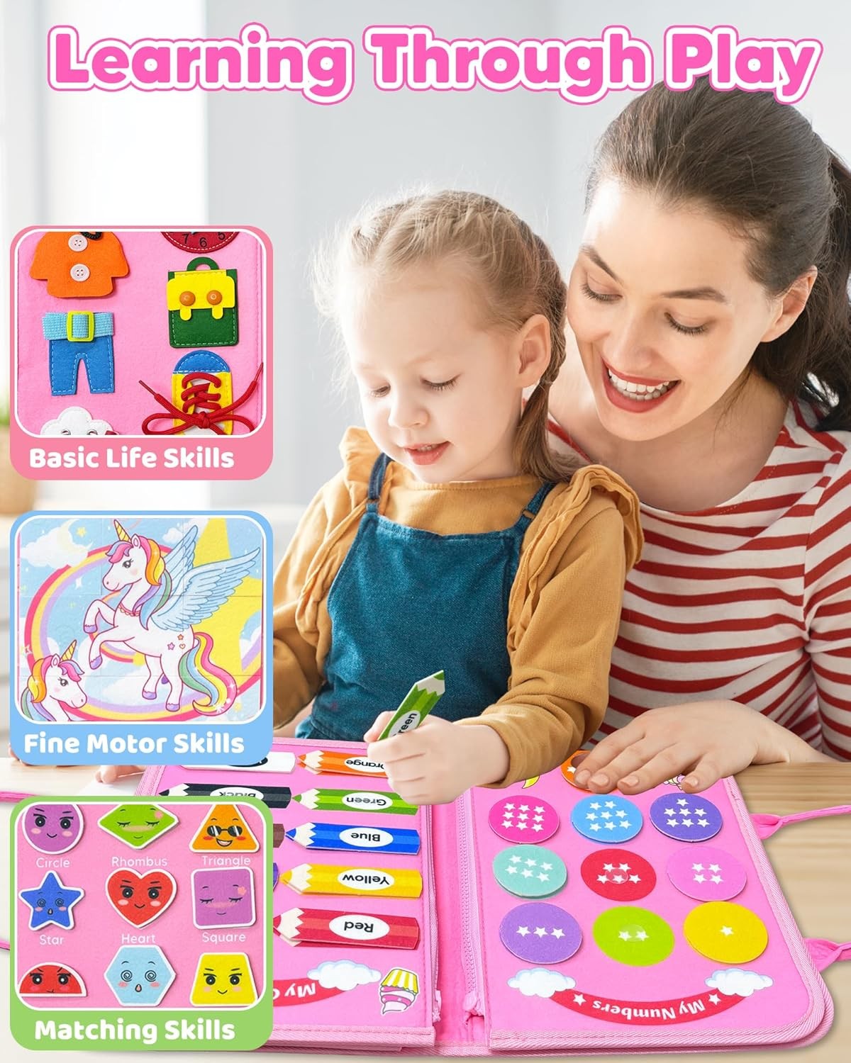 Toddler Busy Board Montessori Toys for 1 2 3 4 Year Old Girl Birthday Pink