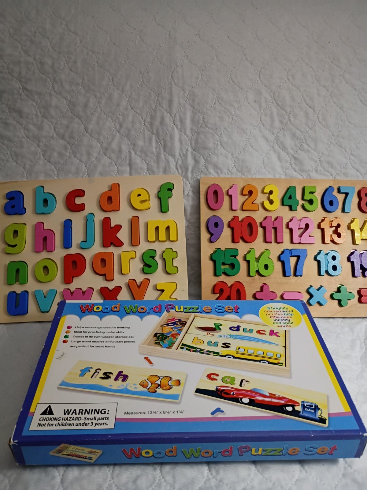Wooden Learning Puzzles 3 Pack. Numbers Letters Words. Ages 3+ Educational