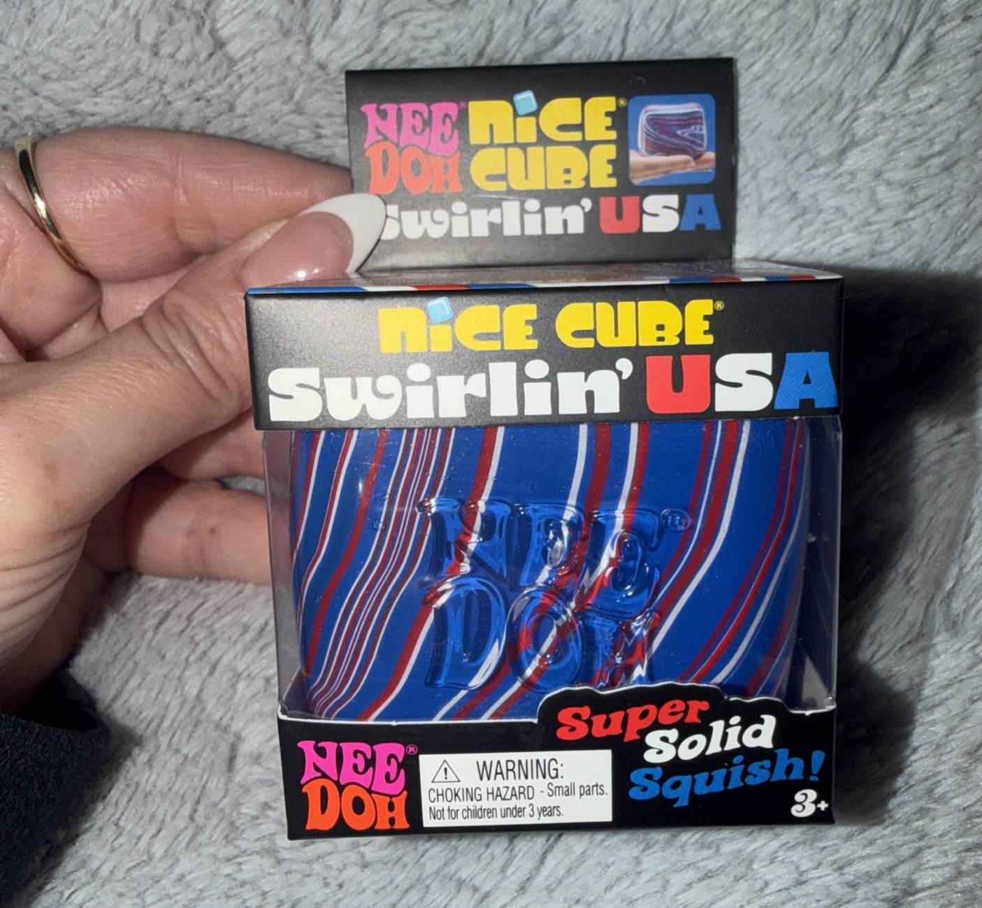 Nee Doh Nice Cube Swirlin’ USA Super Solid Squish Toy Blue Red White Squishy