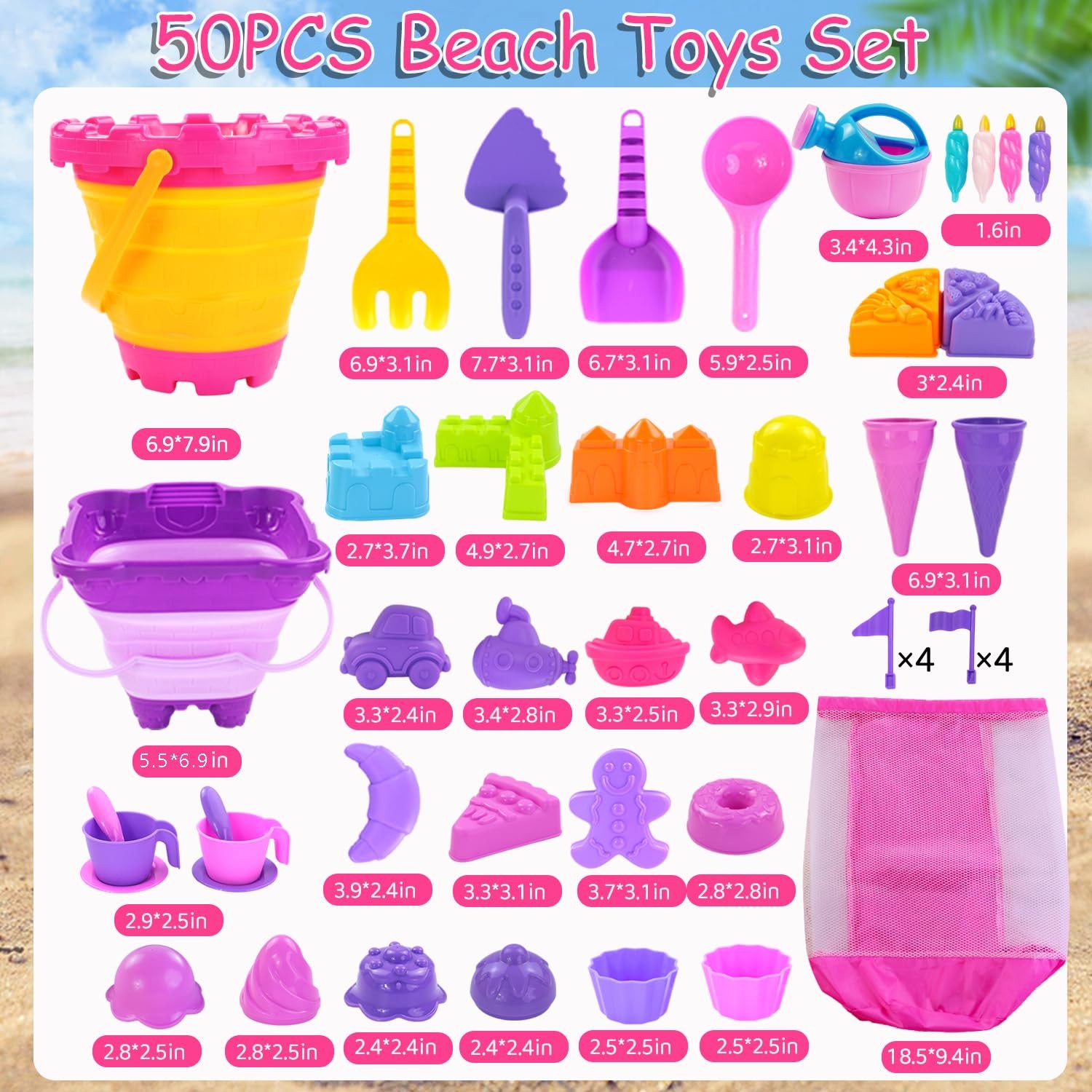 Elovien Beach Sand Toys, 50Pcs Sandbox Toys with 2 Medium, Colorful
