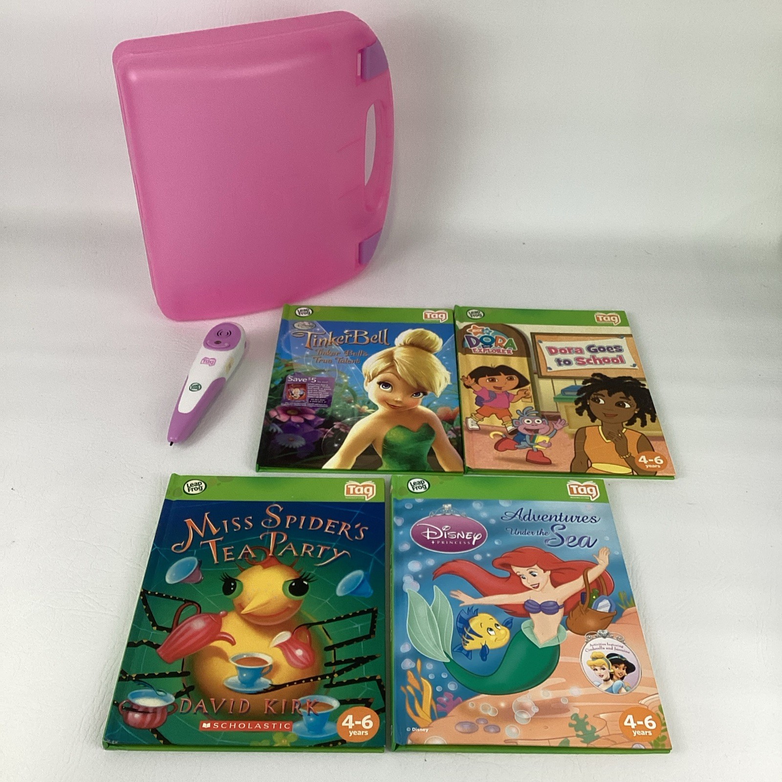Leap Frog Tag Reader Pen Scholastic Books Carry Case Miss Spider Ariel Dora Tink
