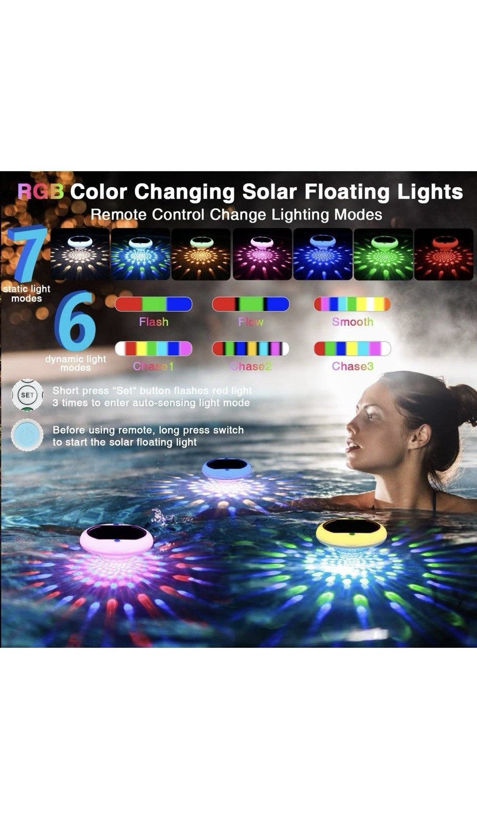 Solar Powered and USB Rechargeable Floating Pool Lights, 6.69 Inch IP68