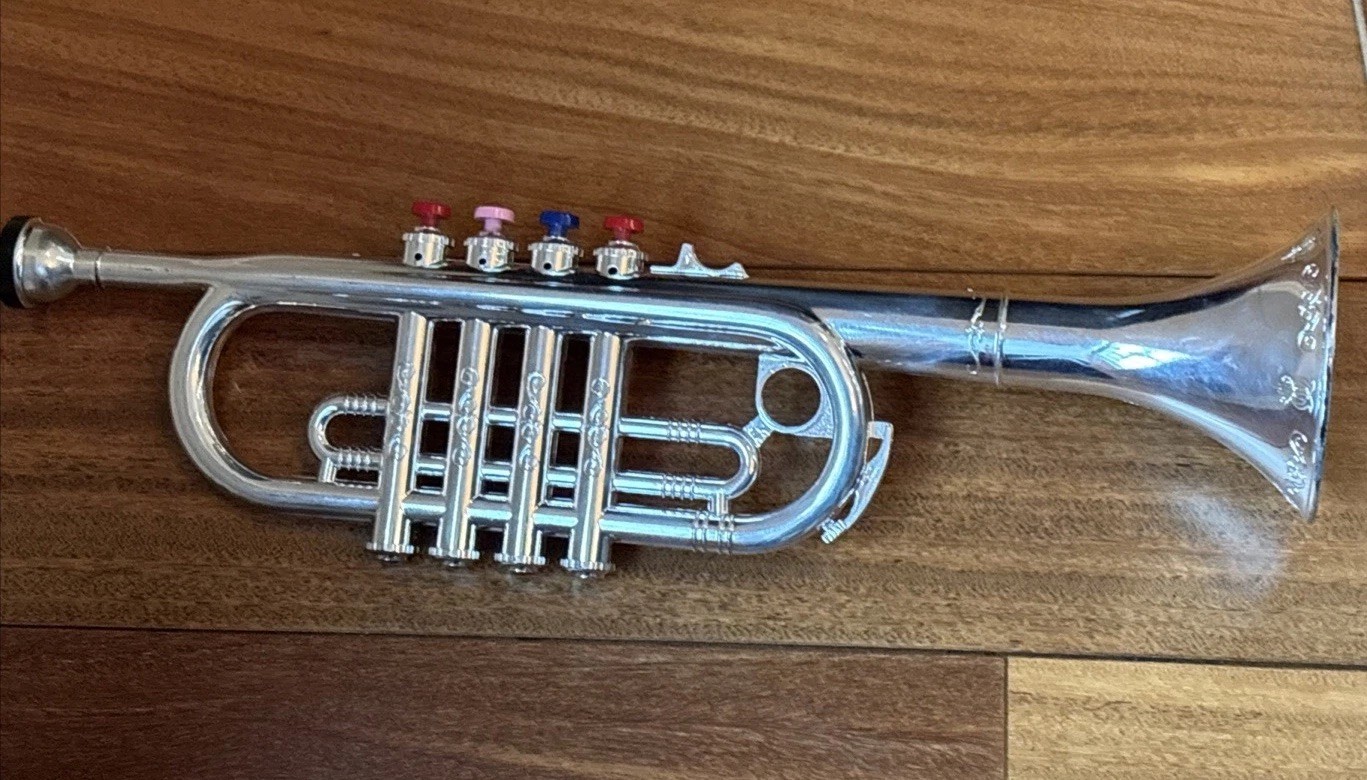 Imported Bontempi Toy Silver Trumpet Horn for Kids 4 Note Made In Pontenza Italy