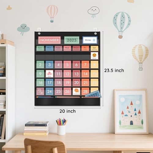 Pocket Chart with 97 Educational Cards, Large 20″x23.6″ Rainbow Calendar