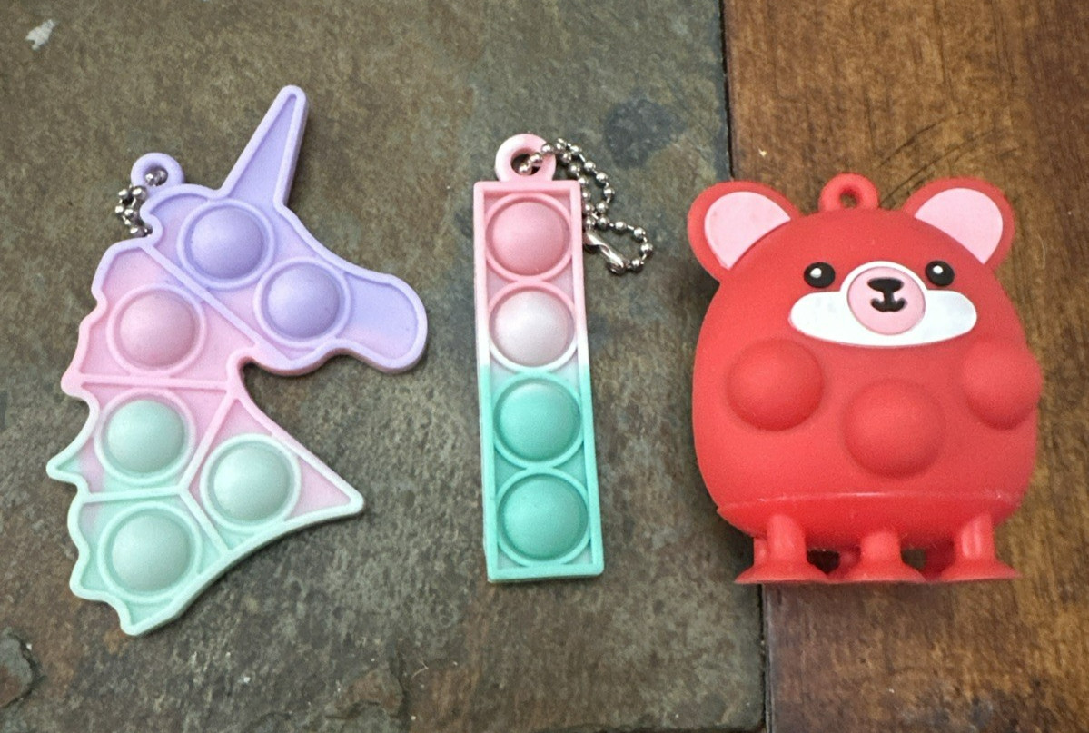 Lot of 3 Pop Bubble Fidgets – 2 Keychains Unicorn & rectangle plus Teddy bear