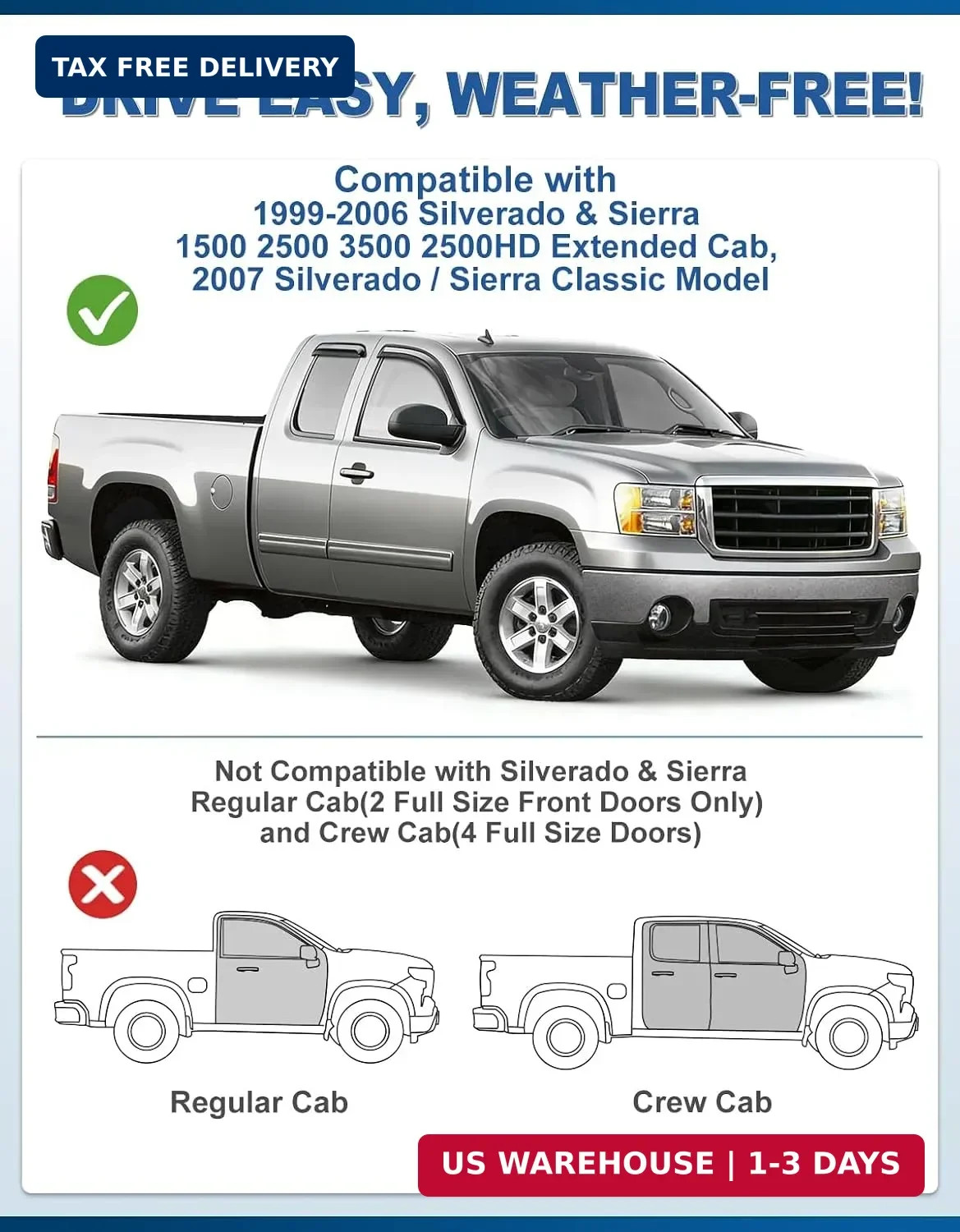 Window Rain Guards for 1999-2006 Chevy Silverado/GMC Sierra 1500/2500/ 3500/ 250