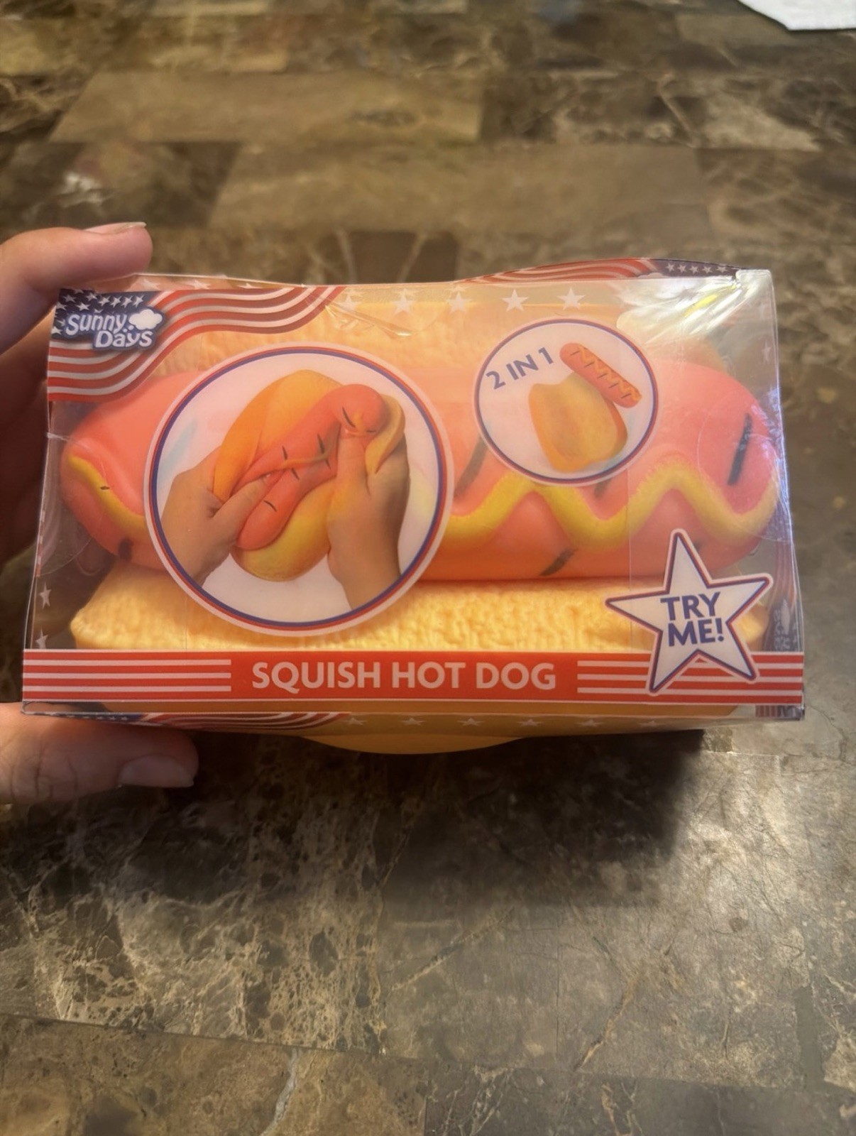 Squishy Hot Dog Squeezy Fidget Toy Sunny Days 2-in-1 Hotdog Stress Relief NEW