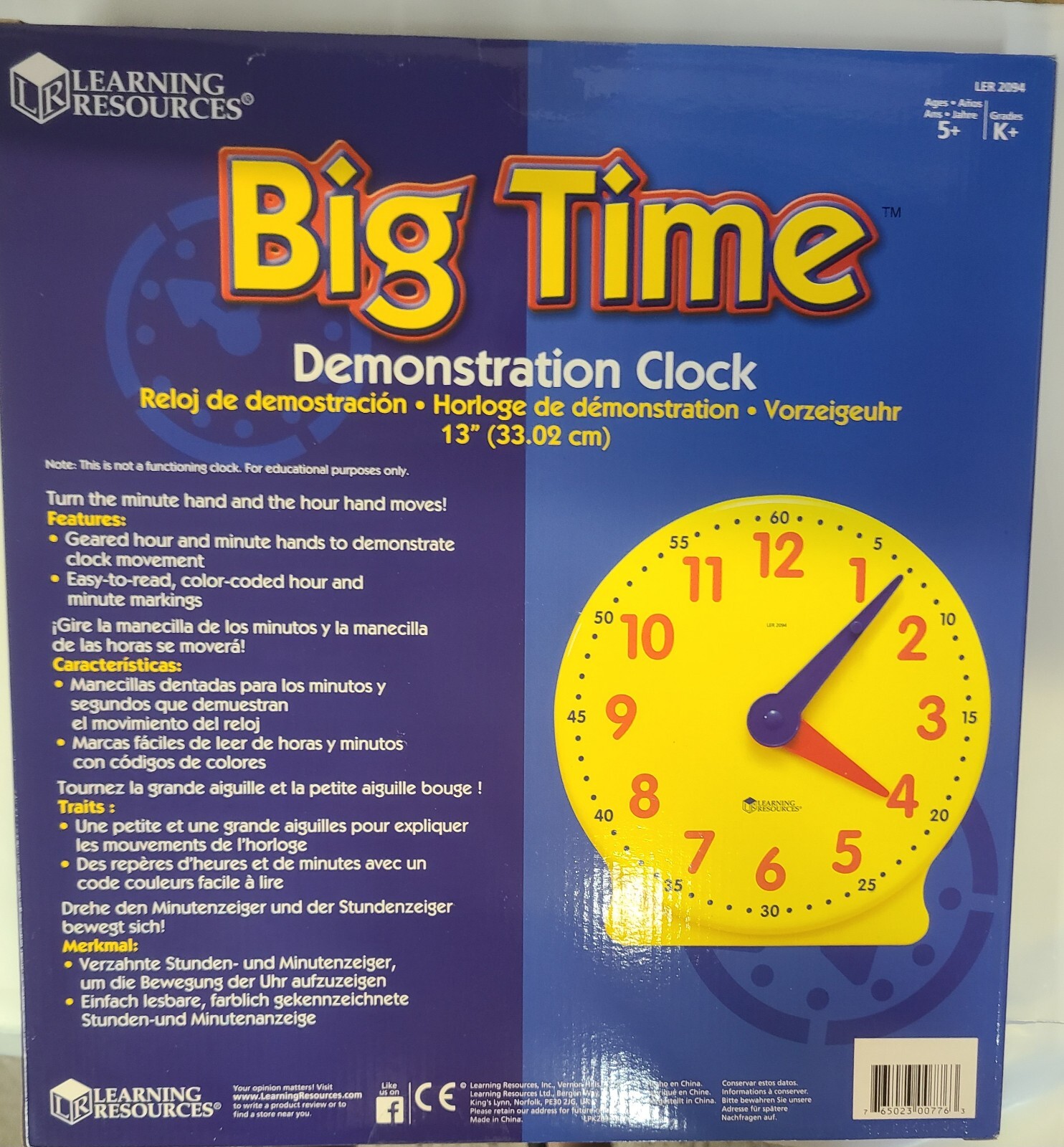 BIG TIME DEMONSTRATION CLOCK / 13″ Learning Resources LER 2094/ New in Box