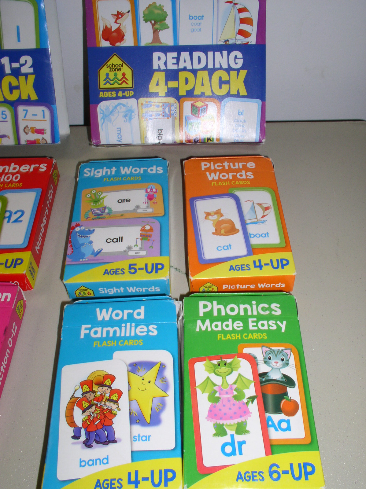 School Zone Flash Cards 4 Pack Math and 4 Pack Reading 8 Packs Ages 4-6 and Up
