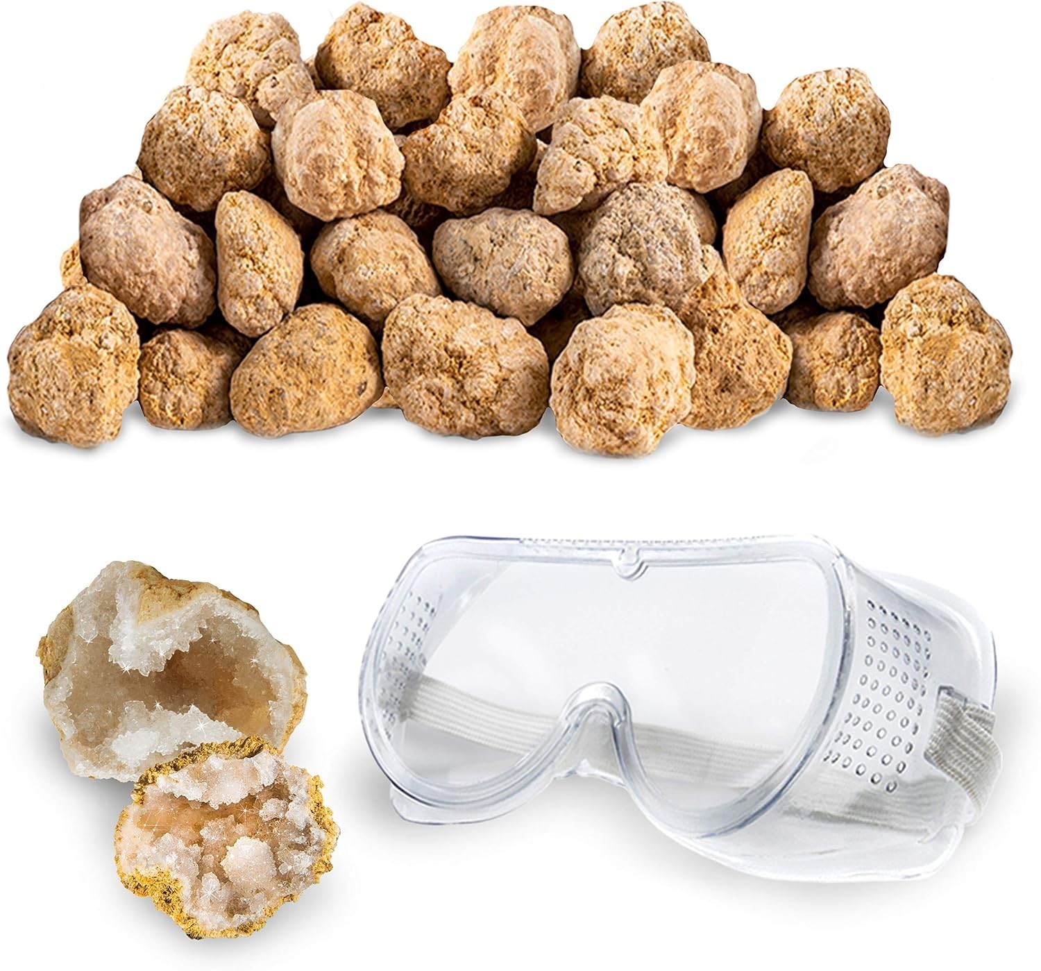 Premium Moroccan Geode Kit, 25 Large 1″-3″ Geodes, Safety Goggles