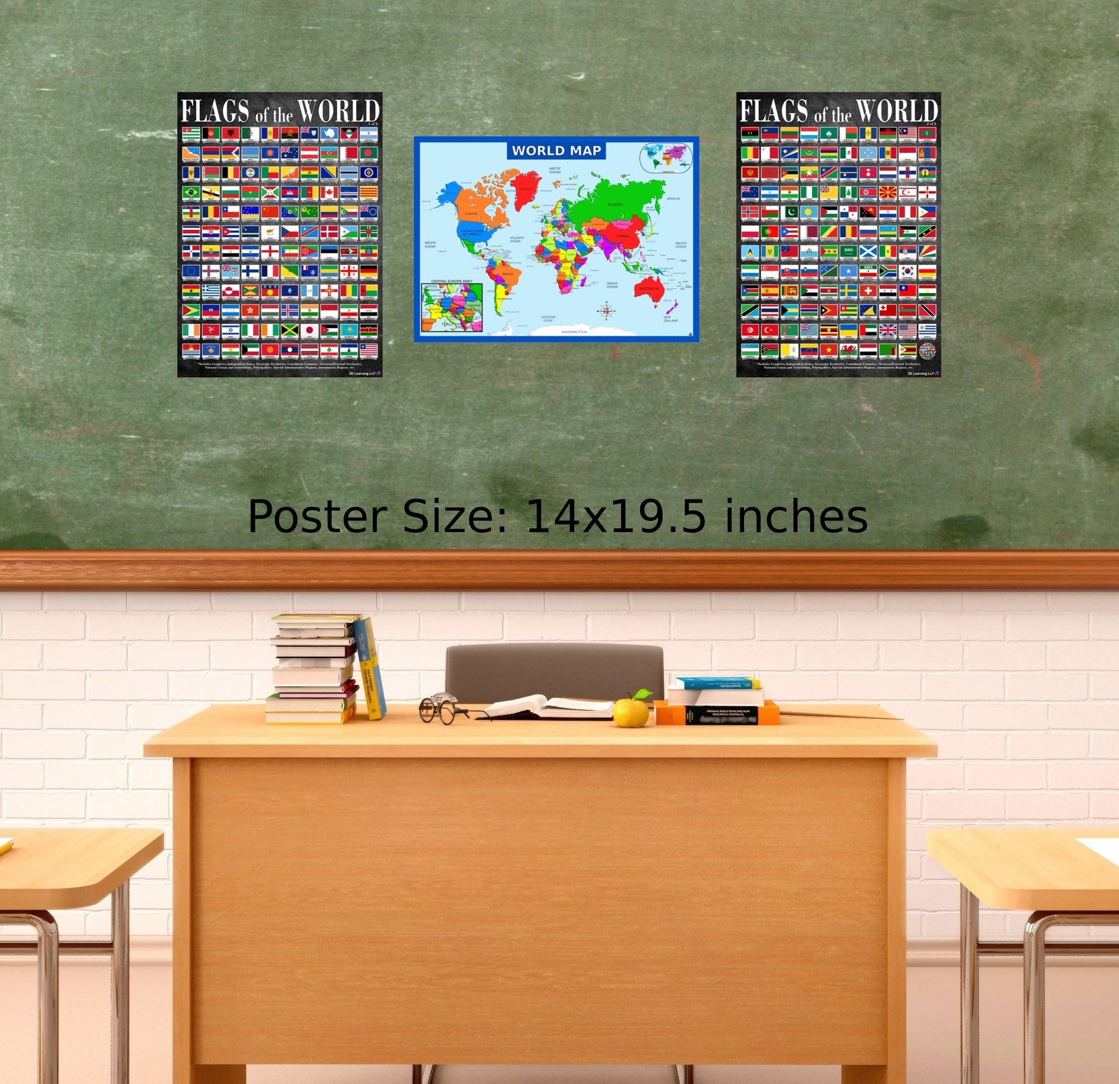World Map and Flags Posters- Laminated 14×19.5” Educational Charts – Flags