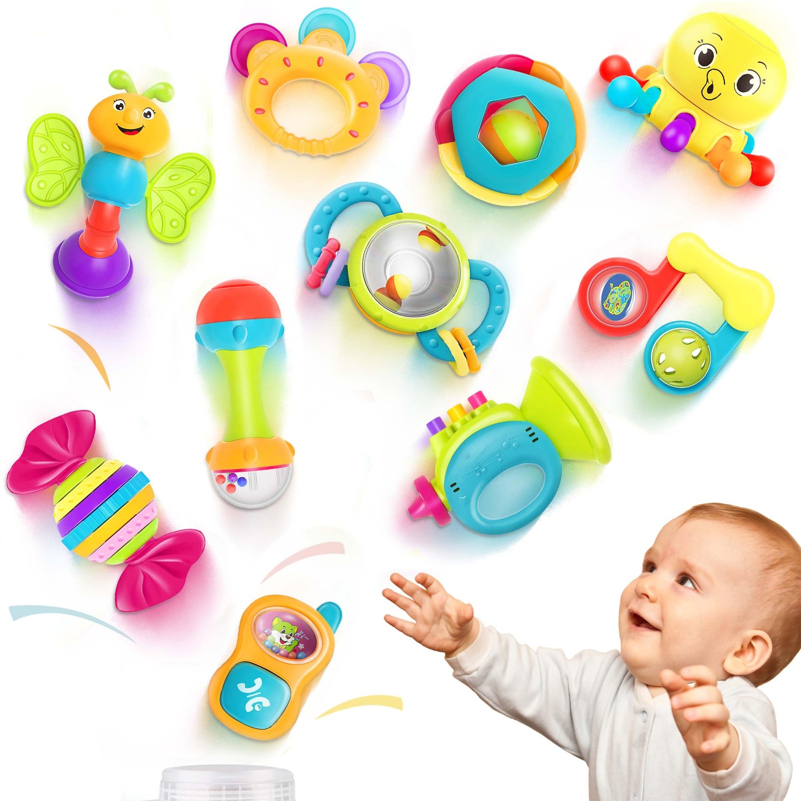 iPlay, iLearn 10pcs Baby Rattles Toys Set, Infant Grab Medium, Multicolor