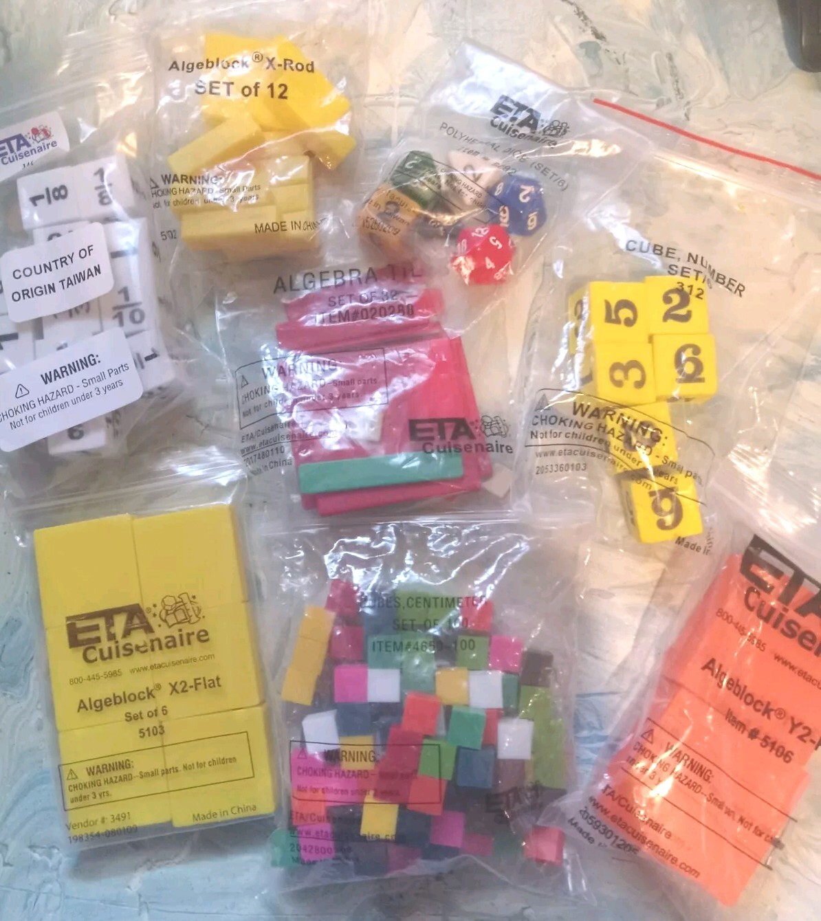 ETA Cuisenaire Math Cubes Lot Of 8 Variety Inc Polyhedral Dice, Algeblocks, More