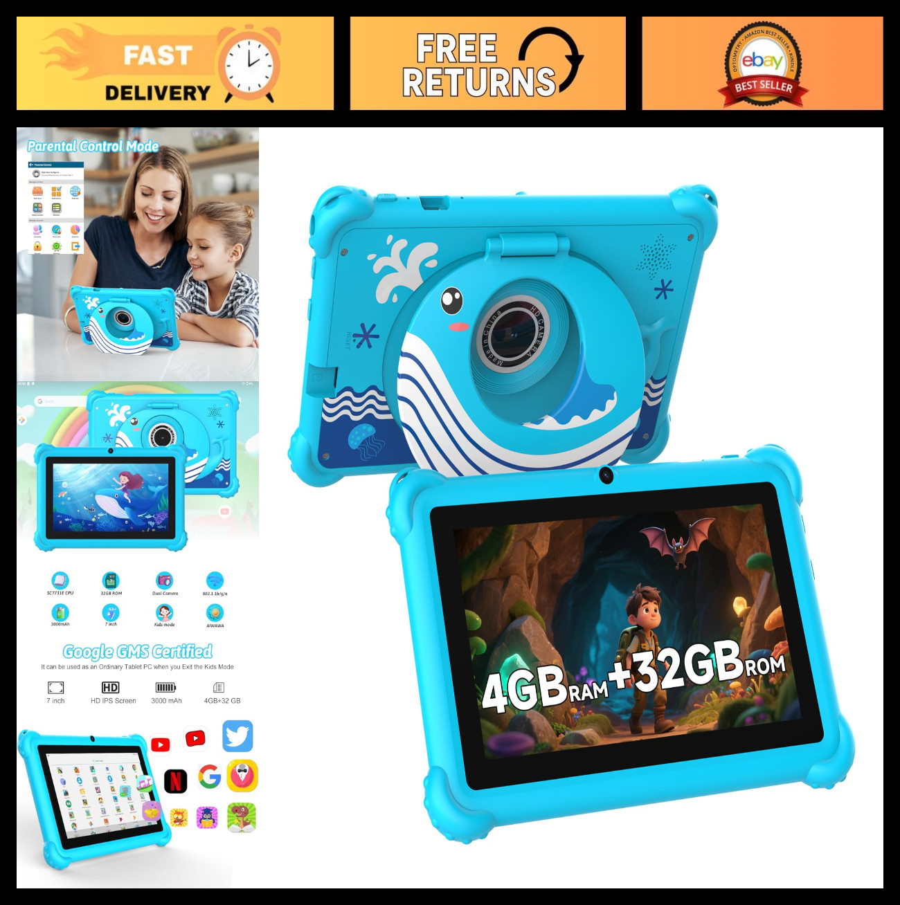 7″ Kids Tablet for Toddlers, Android 12, 4GB RAM, 32GB Storage, WiFi, Bluetooth,