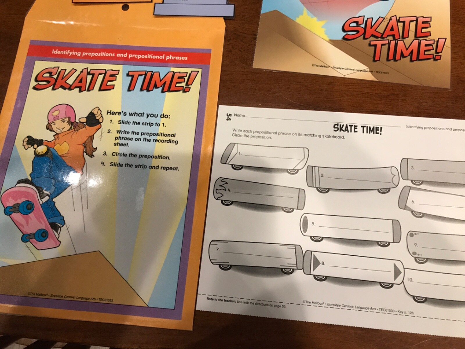 Skate Time! Prepositions Grades 4-5 Language Arts file folder game teacher