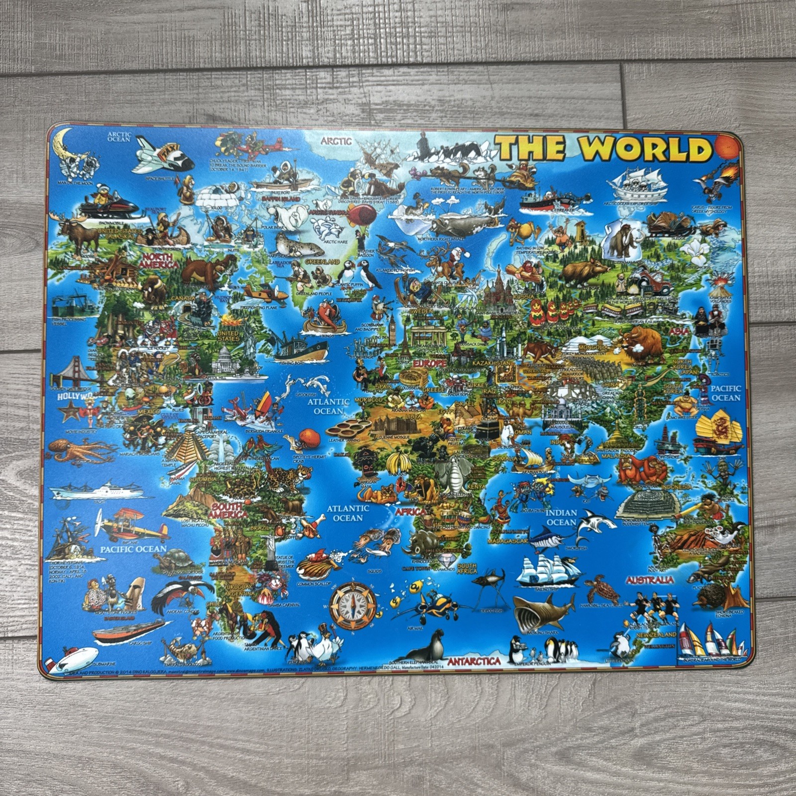 2014 Dino Laminated Geography Learning Placemat World Map 18” x 14” Cartoon