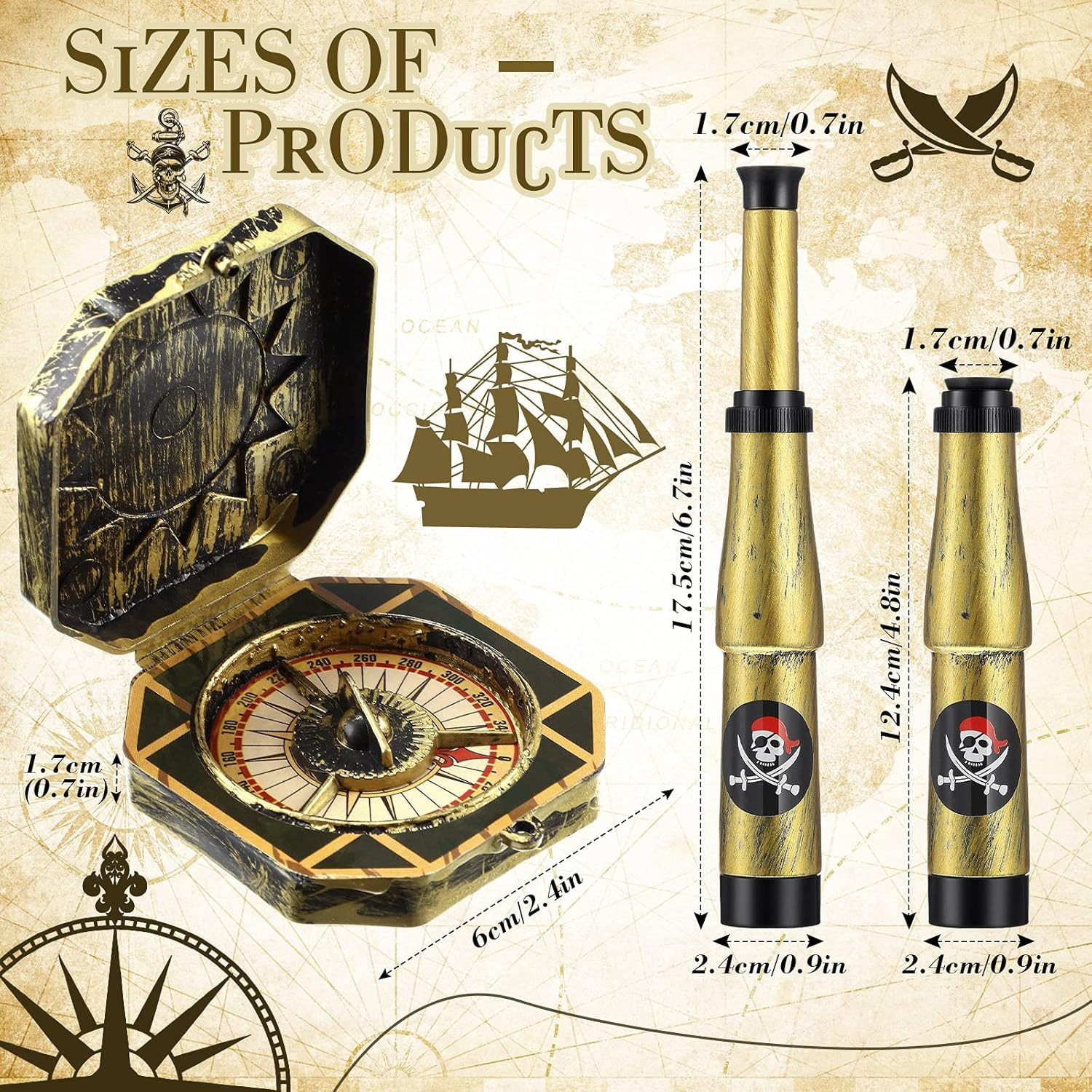 2 Pcs Pirate Telescope and Compass for Kids Adults Retro Mini Plastic Toy for Pi