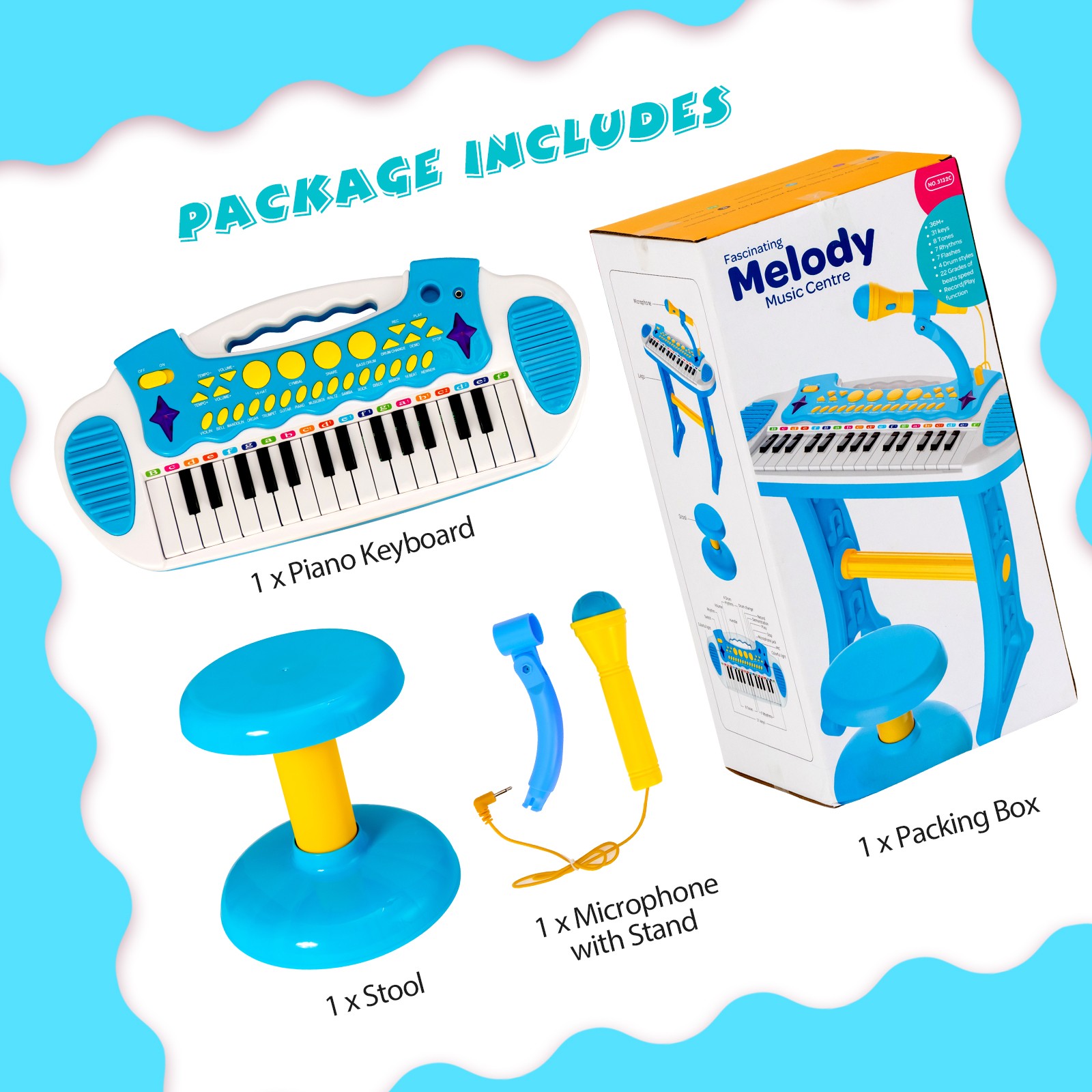 31-Key Kids Piano Stool Set Musical Instrument w/Clear Loudspeaker &Volume Level