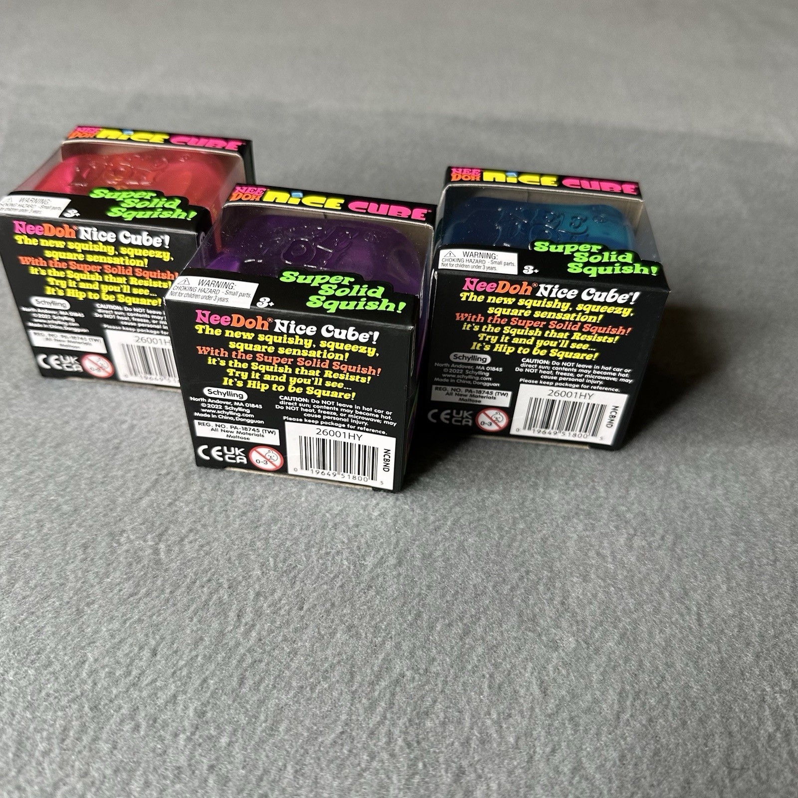 Lot 3 NeeDoh Nice Cube Super Solid Squish Fidget Sensory Pink Purple Blue NEW