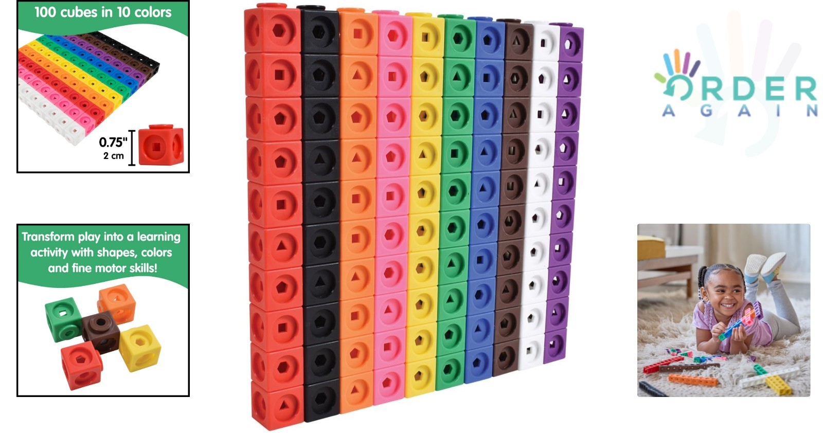 Math Cubes Set of 100 Counting Blocks for Preschool Kids Shapes Colors