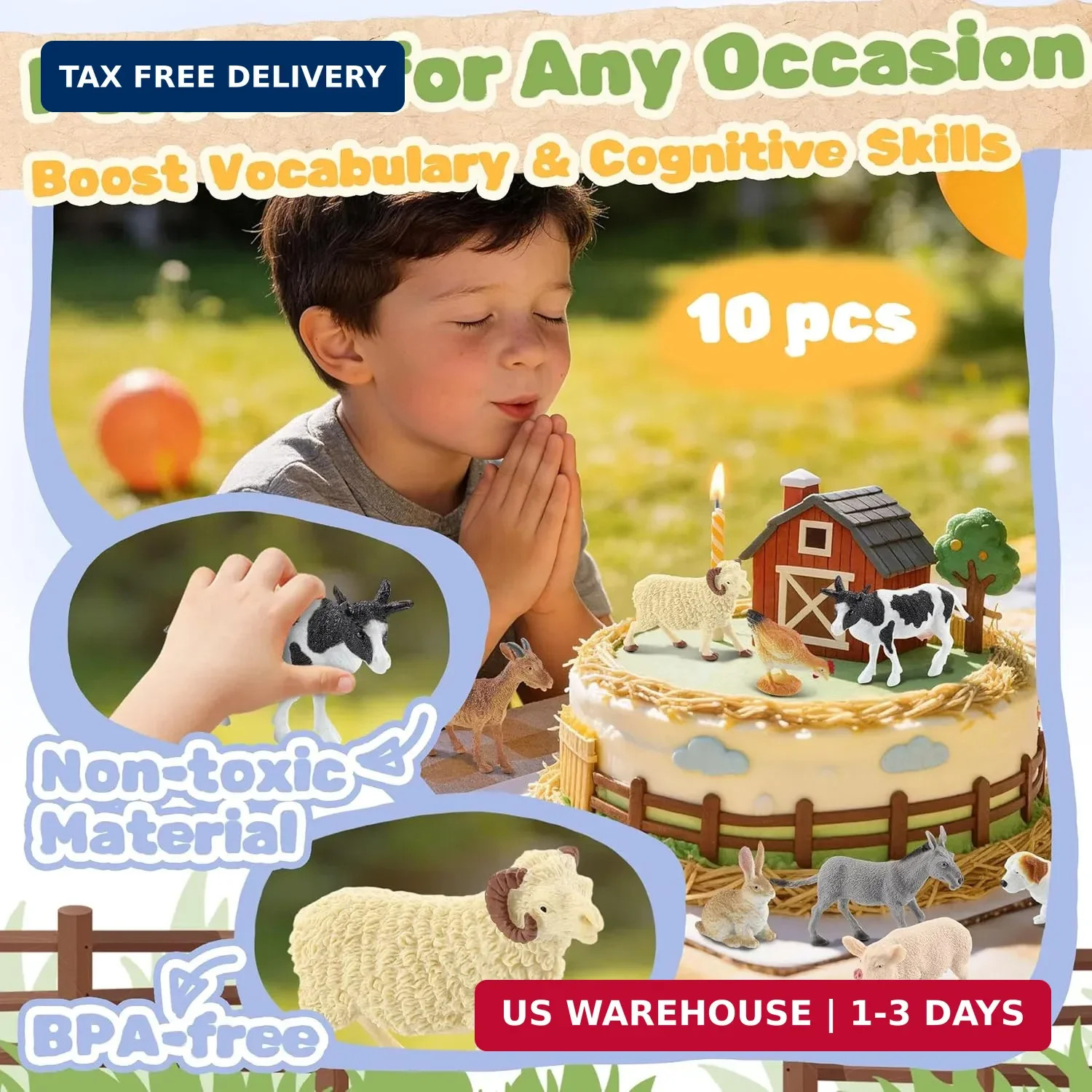 10-Piece Realistic Farm Animal Figures, Educational Toys for Toddlers 3-5 Years
