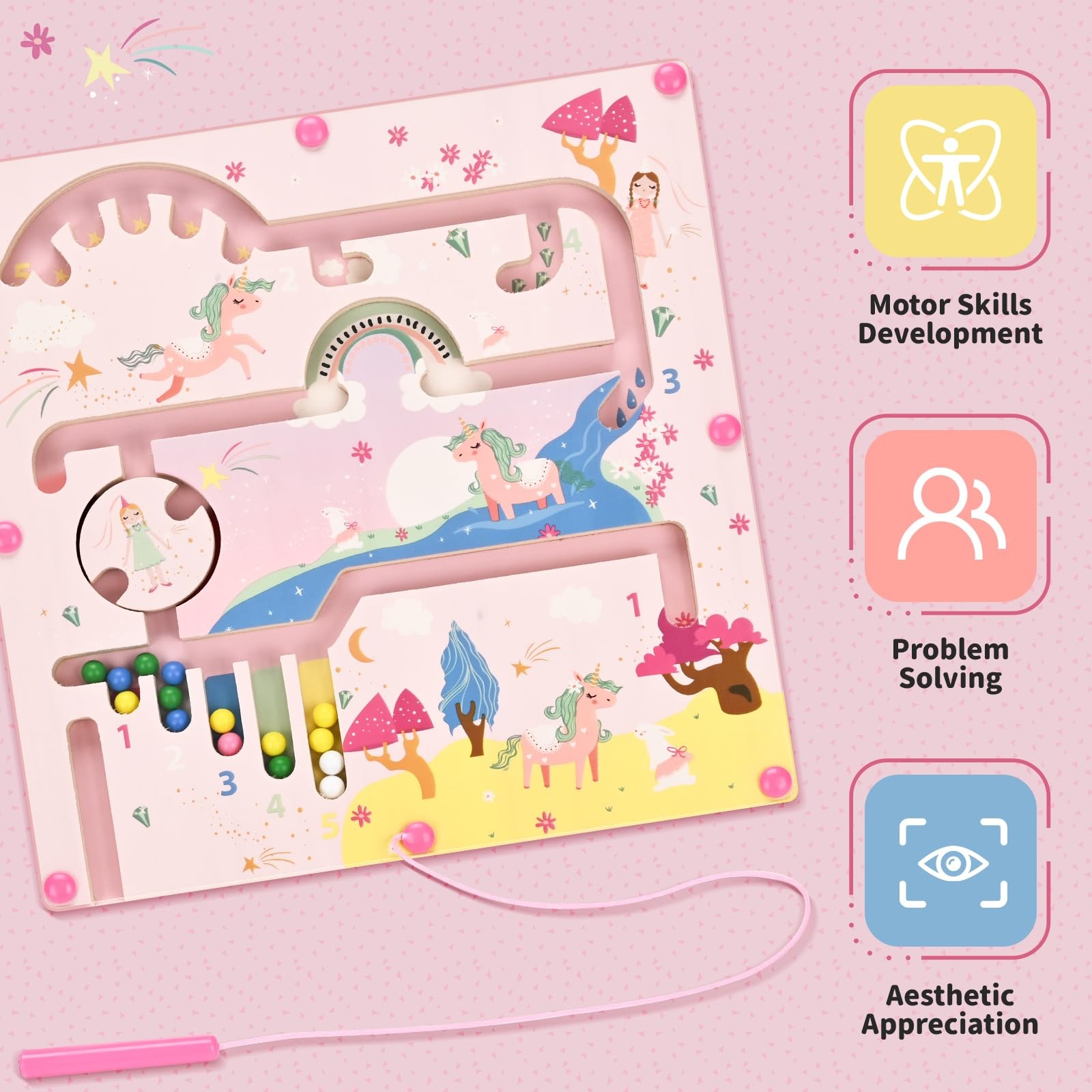 Yierchoo Unicorn Magnetic Maze Toy, Color & Number Sorting 24*24cm, Pink
