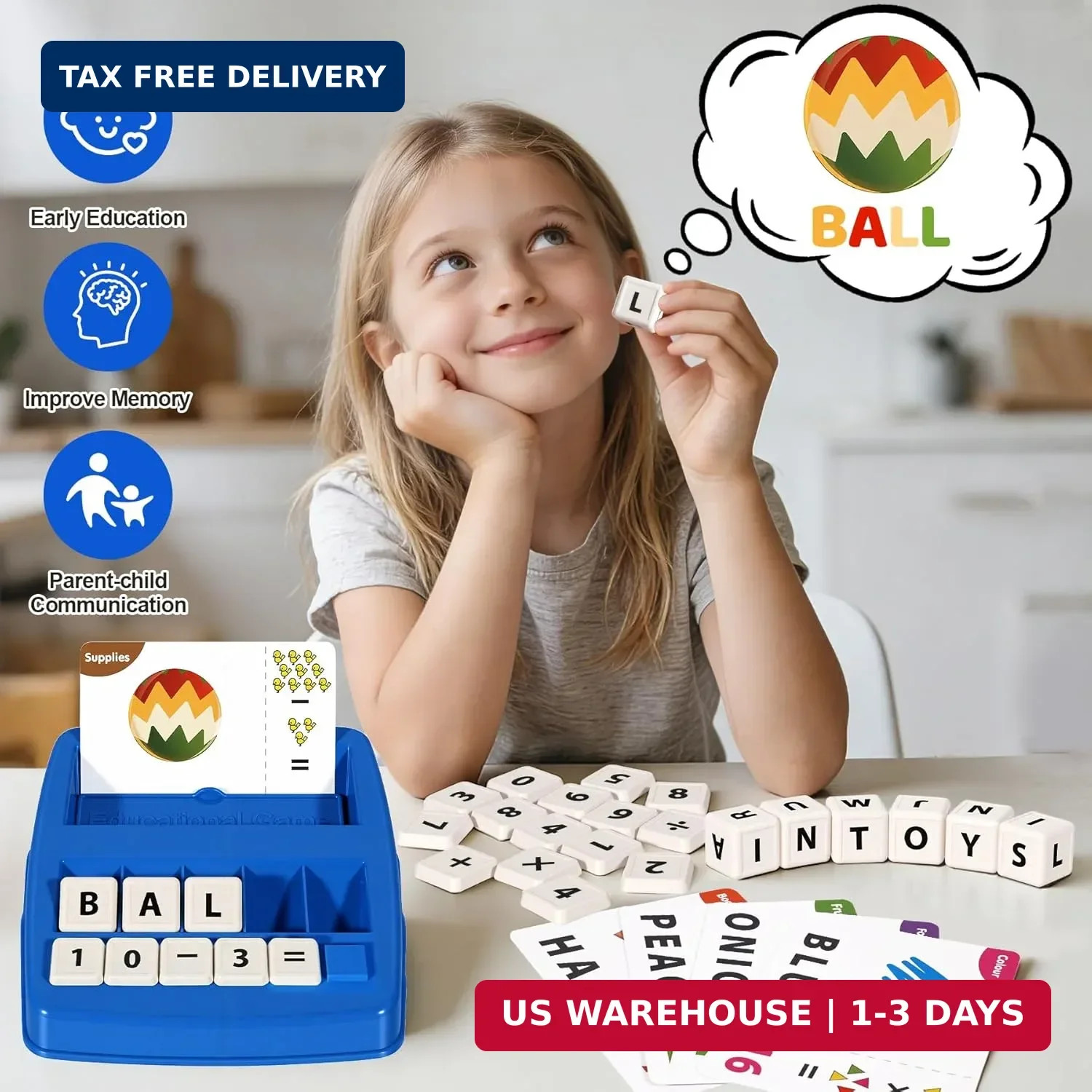 2 in 1 Kids Educational Toys, Spelling & Math Learning Game with Flash Cards Let